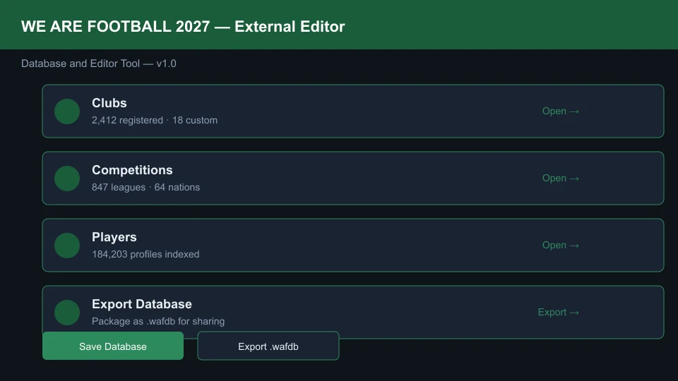 Main menu of the WE ARE FOOTBALL 2027 external Editor showing Clubs, Competitions, Players, and Export Database tabs