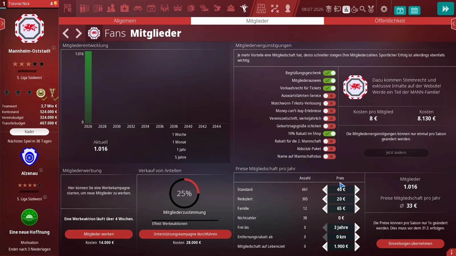 Mitglieder-Reiter der Fans-Übersicht mit Liste der Mitgliedervergünstigungen, Kosten pro Mitglied von acht Euro, den Mitgliedspreisen und 25 Prozent Mitgliederzustimmung