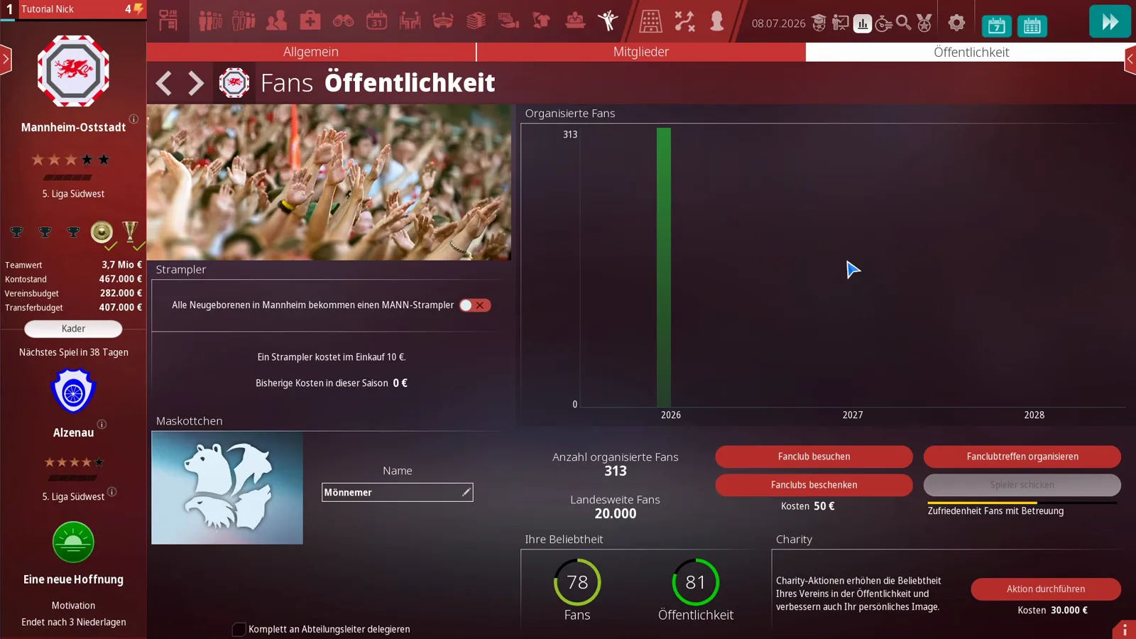 Bildschirm Fans Öffentlichkeit mit 313 organisierten Fans, 20.000 landesweiten Fans, den Beliebtheitsringen 78 und 81, Feld für den Maskottchennamen und den vier Fanclub-Buttons