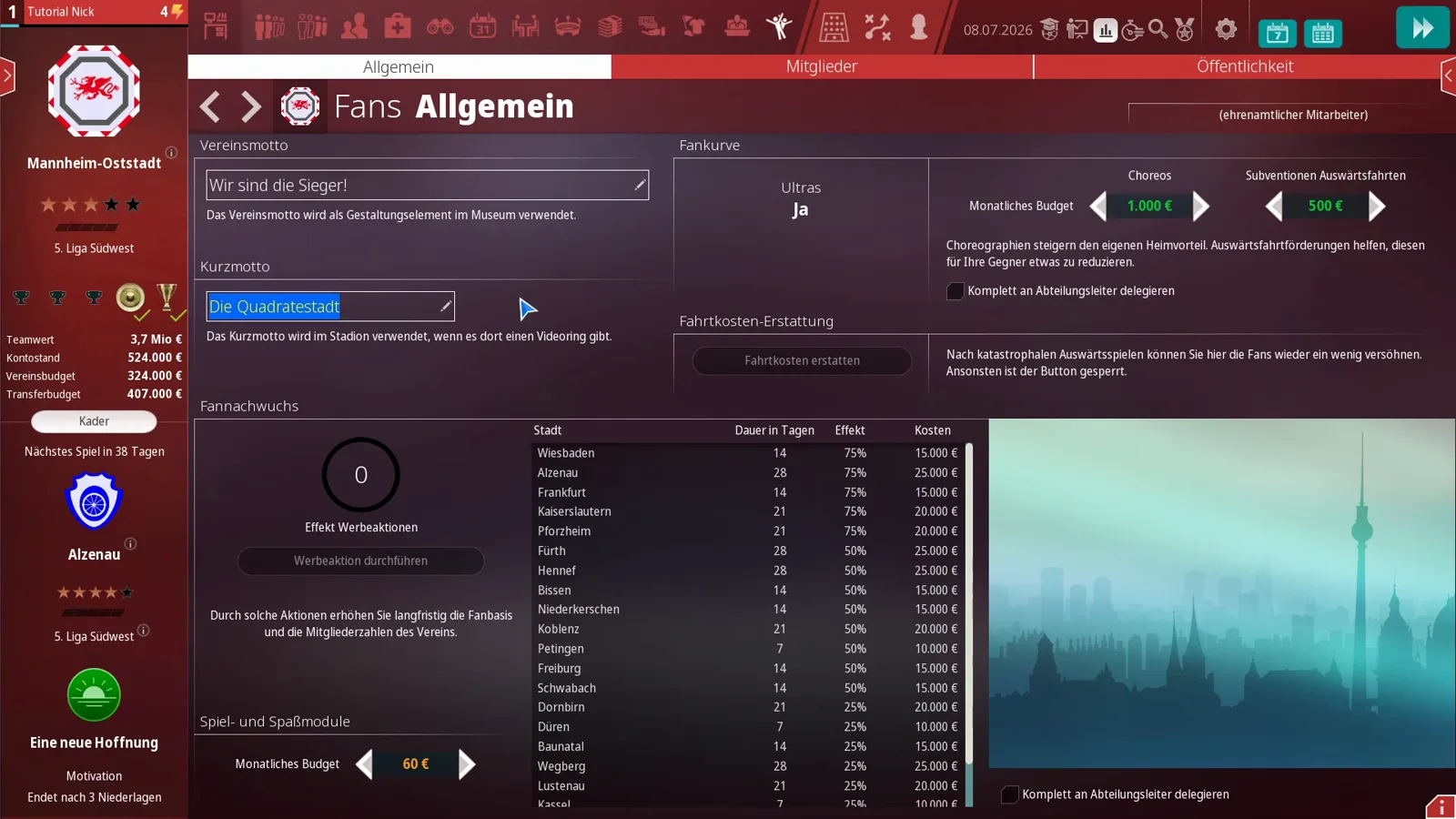 Reiter Fans Allgemein mit Vereinsmotto- und Kurzmotto-Feld, Ultrastatus, Monatsbudgets für Choreos und Auswärtsfahrten sowie der Städteliste der Werbeaktionen in WE ARE FOOTBALL 2027