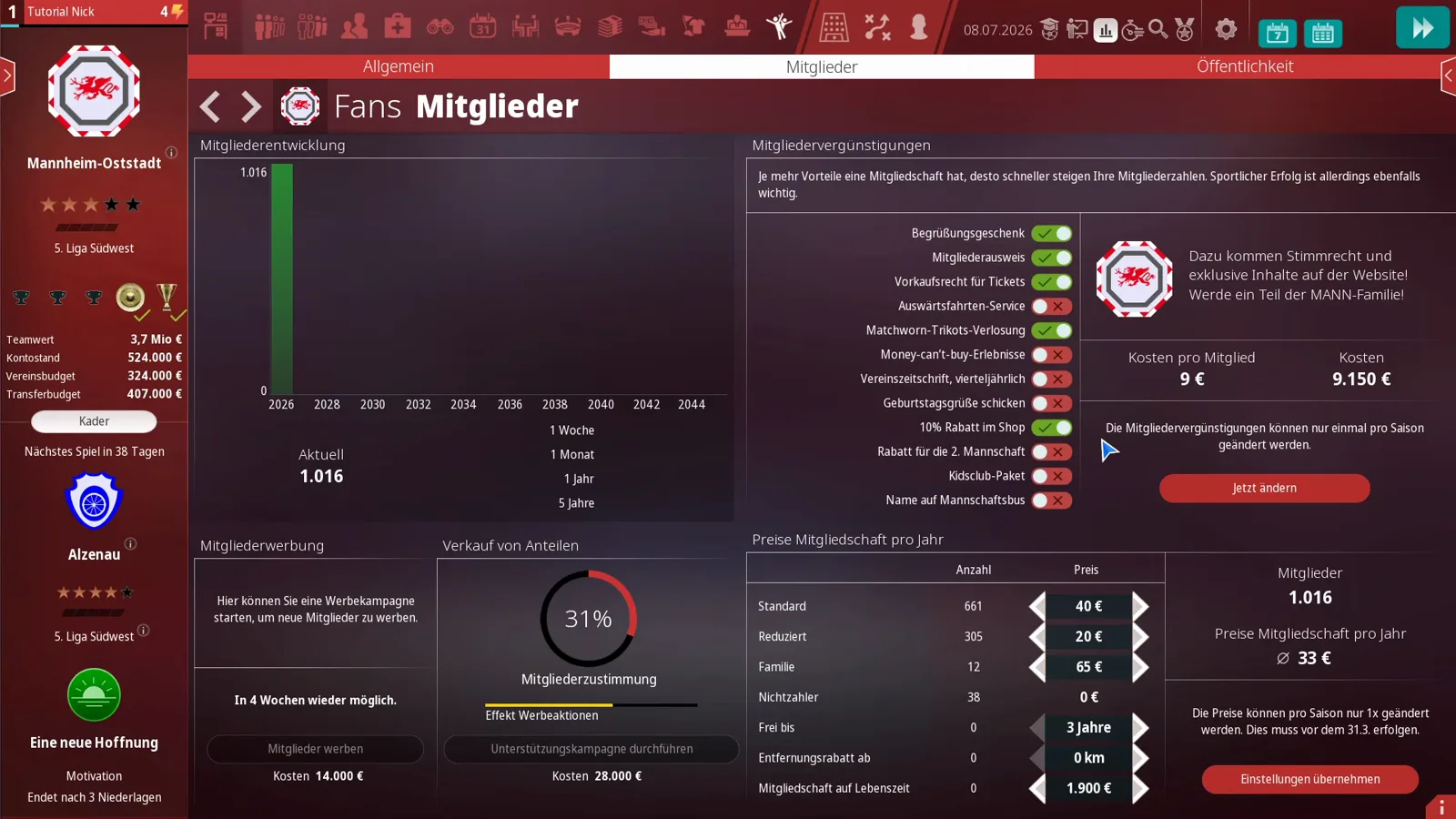 31 Prozent Mitgliederzustimmung im WE ARE FOOTBALL 2027 Mitglieder-Reiter, dazu ein grauer Werbebutton mit dem Hinweis „In 4 Wochen wieder möglich“