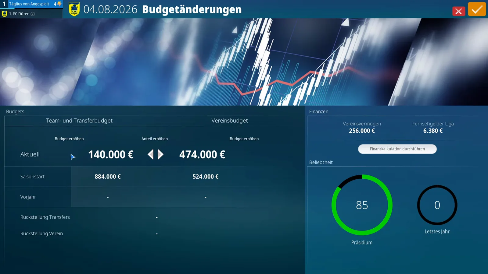 Budgetänderungen dialog in WE ARE FOOTBALL 2027 showing the 140,000 euro team-and-transfer budget against a 474,000 euro club budget, Vereinsvermögen of 256,000 euros and a green Präsidium popularity ring at 85