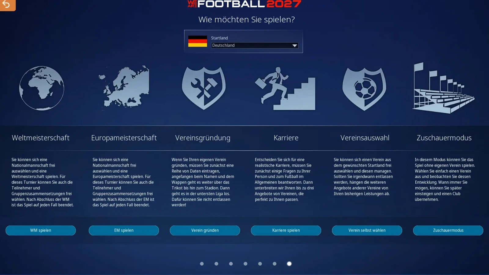 Wie möchten Sie spielen? screen in WE ARE FOOTBALL 2027 showing the six career cards Weltmeisterschaft, Europameisterschaft, Vereinsgründung, Karriere, Vereinsauswahl and Zuschauermodus above the Startland selection