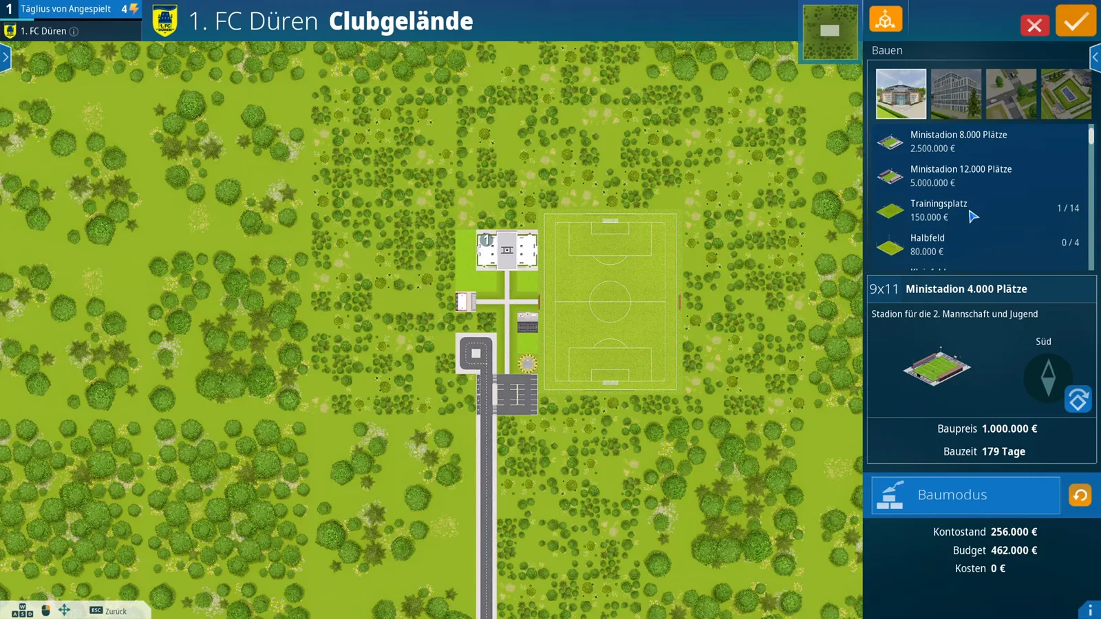 Clubgelände build menu in WE ARE FOOTBALL 2027 on the green club-grounds map listing Ministadion and Trainingsplatz construction prices with a 1,000,000 euro stadium build taking 179 days beside the 462,000 euro budget