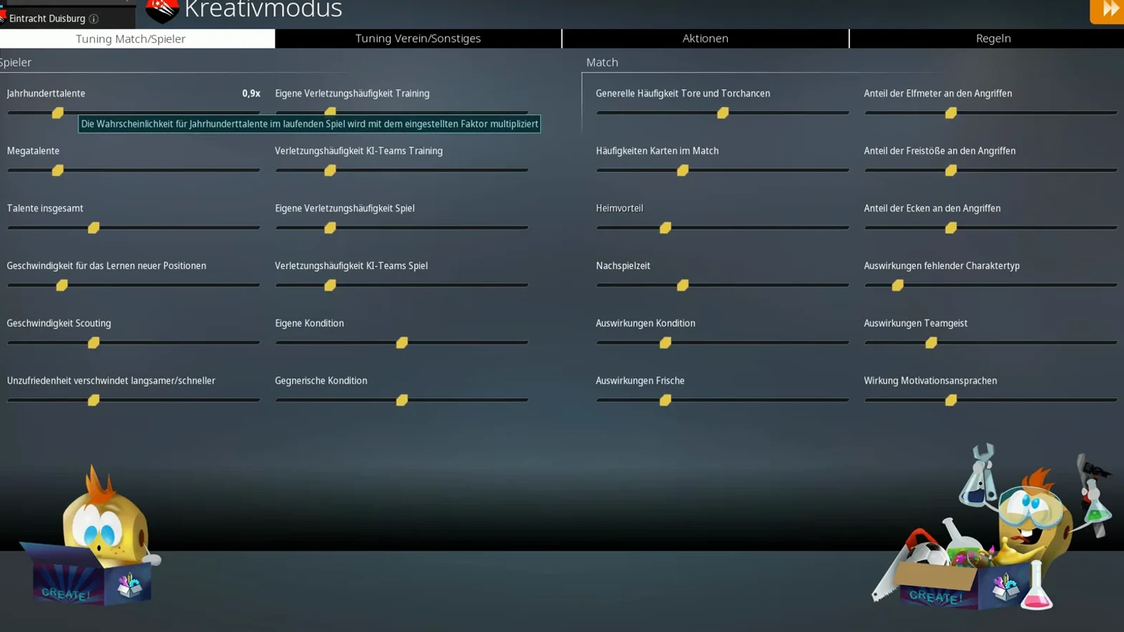 Kreativmodus tuning panel in WE ARE FOOTBALL 2027 with sliders for Jahrhunderttalente, injury frequency, scouting speed, home advantage and cards per match under the Tuning Match/Spieler tab