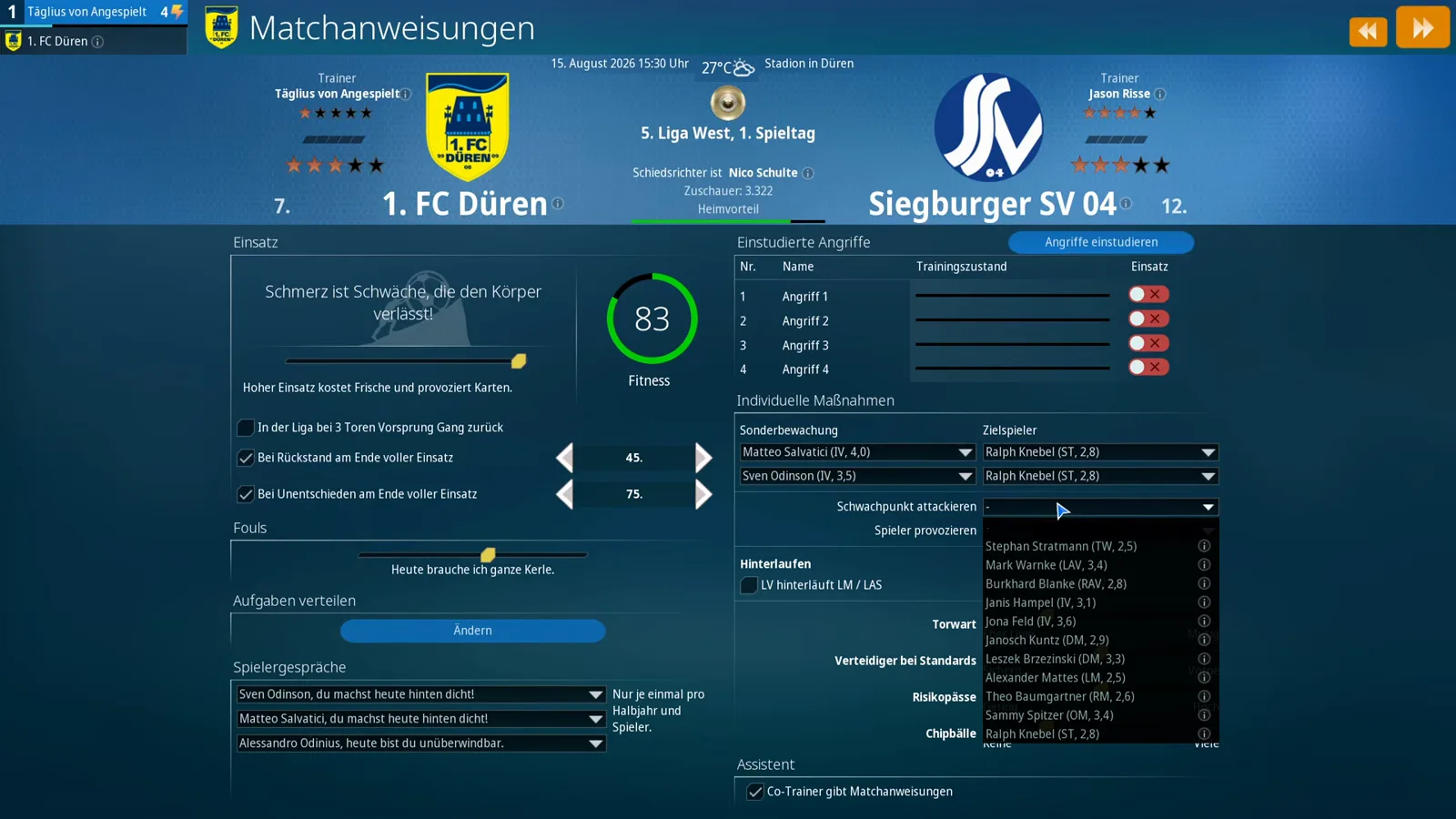 Matchanweisungen pre-match screen in WE ARE FOOTBALL 2027 before the 5. Liga West opener against Siegburger SV 04 with a fitness value of 83, weather forecast and motivational player speeches