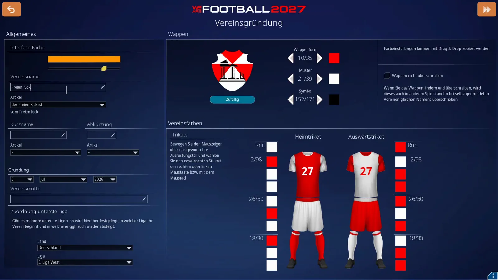 Vereinsgründung-Bogen von WE ARE FOOTBALL 2027 mit Interface-Farbe-Regler, Vereinsname-Feld beim Tippen, Gründungszeile, Zuordnung unterste Liga auf Deutschland und 5. Liga West sowie dem rot-weißen Trikoteditor mit der Rückennummer 27