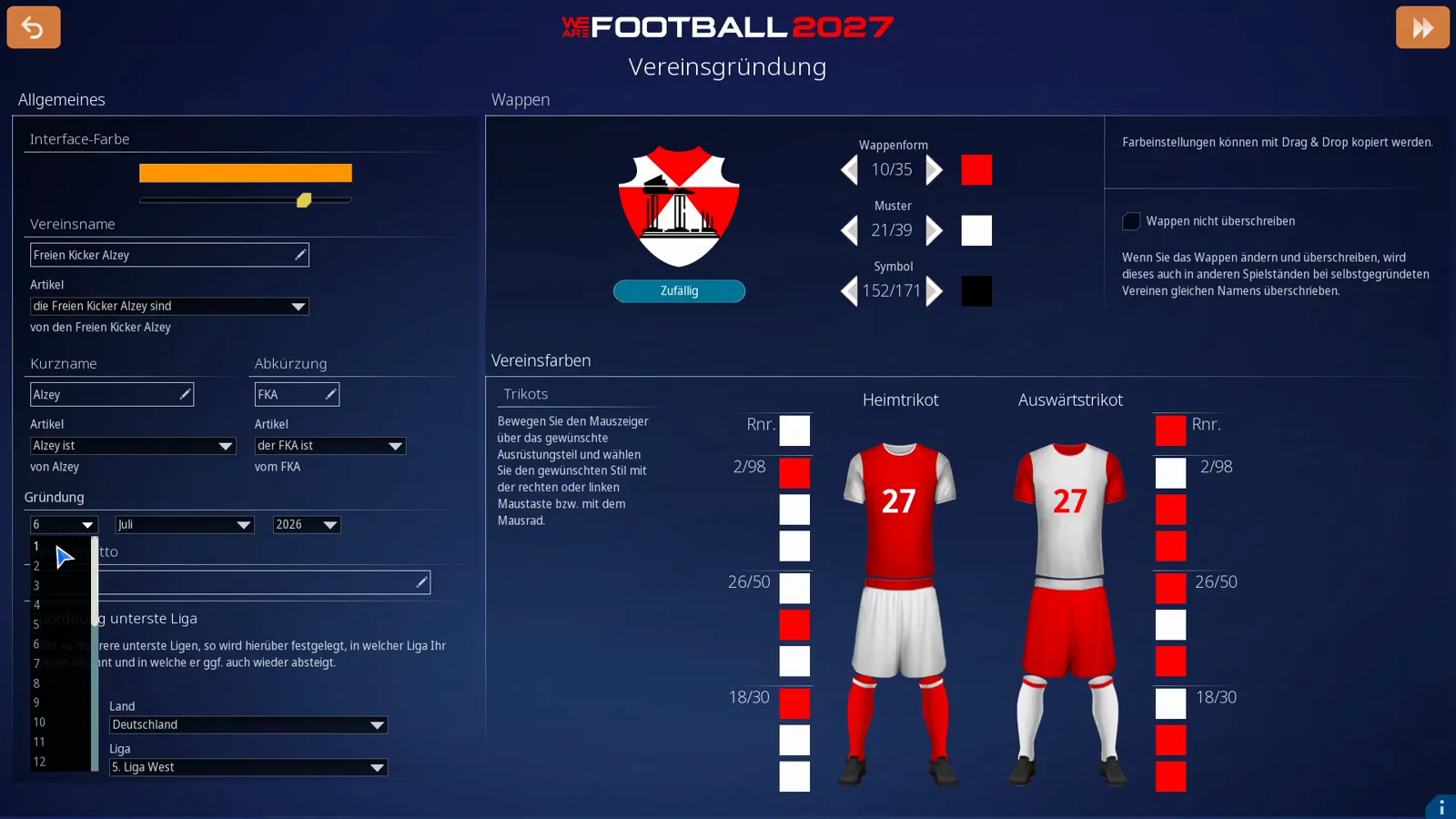 Geöffnetes Tages-Dropdown der Gründungszeile über dem ausgefüllten Bogen mit Freien Kicker Alzey, Kurzname Alzey, Abkürzung FKA und leerem Vereinsmotto über der Zuordnung unterste Liga