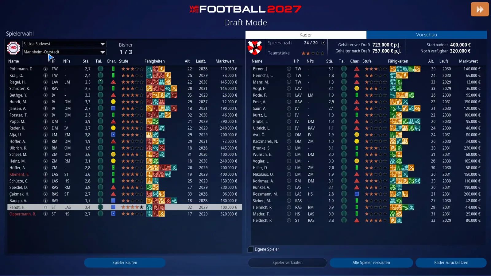 Draft-Mode-Spielerwahl auf 1. Liga Afghanistan mit Kabuls Spielerliste, Bisher 0 von 3, rechts dem Kader-Reiter und unten den Knöpfen Spieler kaufen, Spieler verkaufen, Alle Spieler verkaufen und Kader zurücksetzen