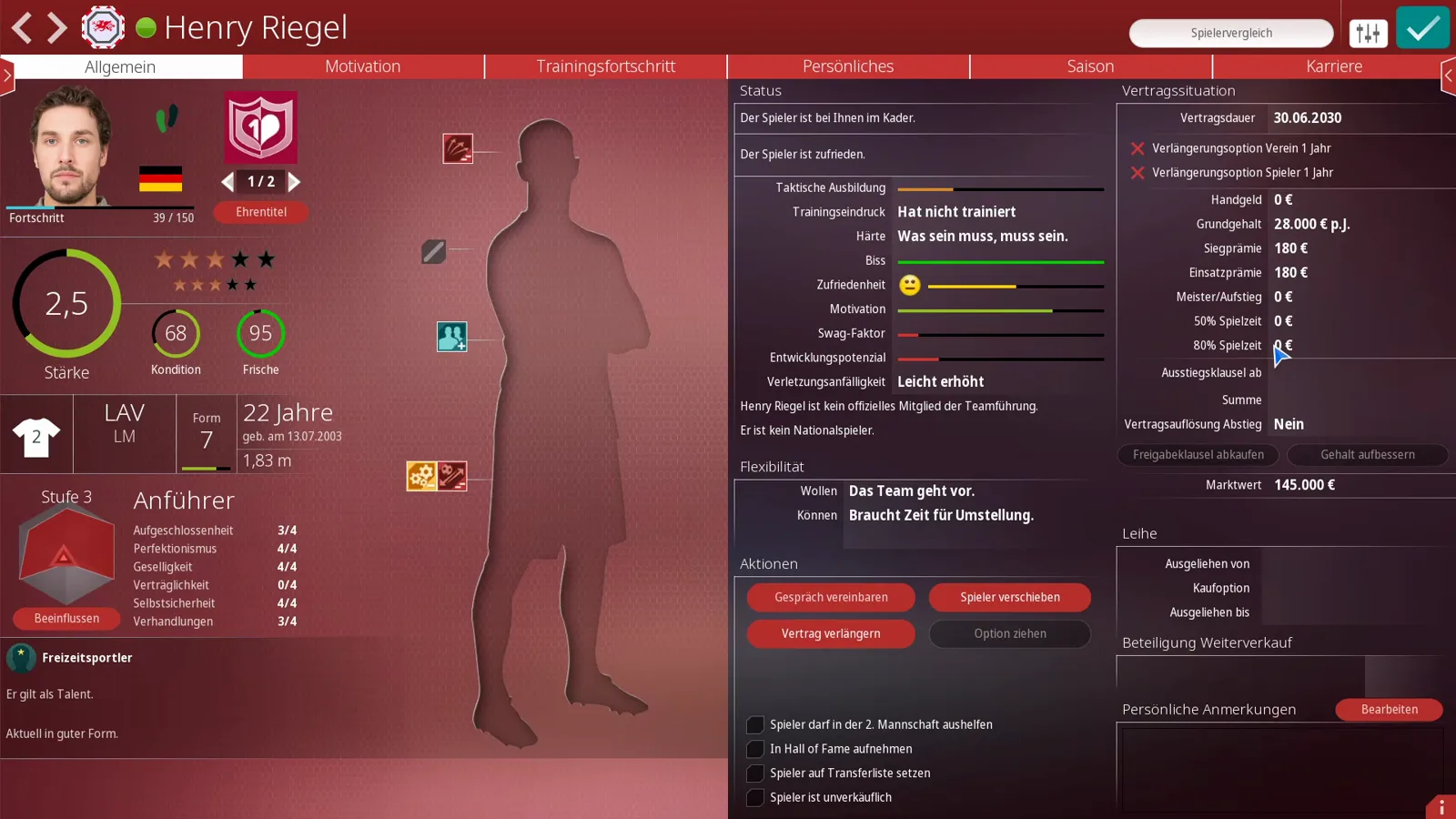Contract detail panel showing base salary, win bonus, appearance bonus, and empty loyalty thresholds in WE ARE FOOTBALL 2027