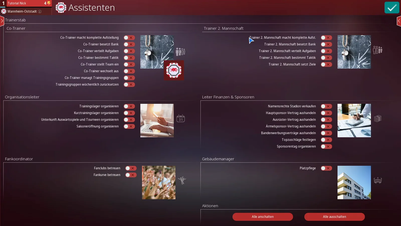 WE ARE FOOTBALL 2027 Assistenten delegation screen with groups for coaching staff, second team coach, head of organisation, head of finance and sponsors, fan coordinator and building manager, each task on its own switch plus buttons to enable or disable everything