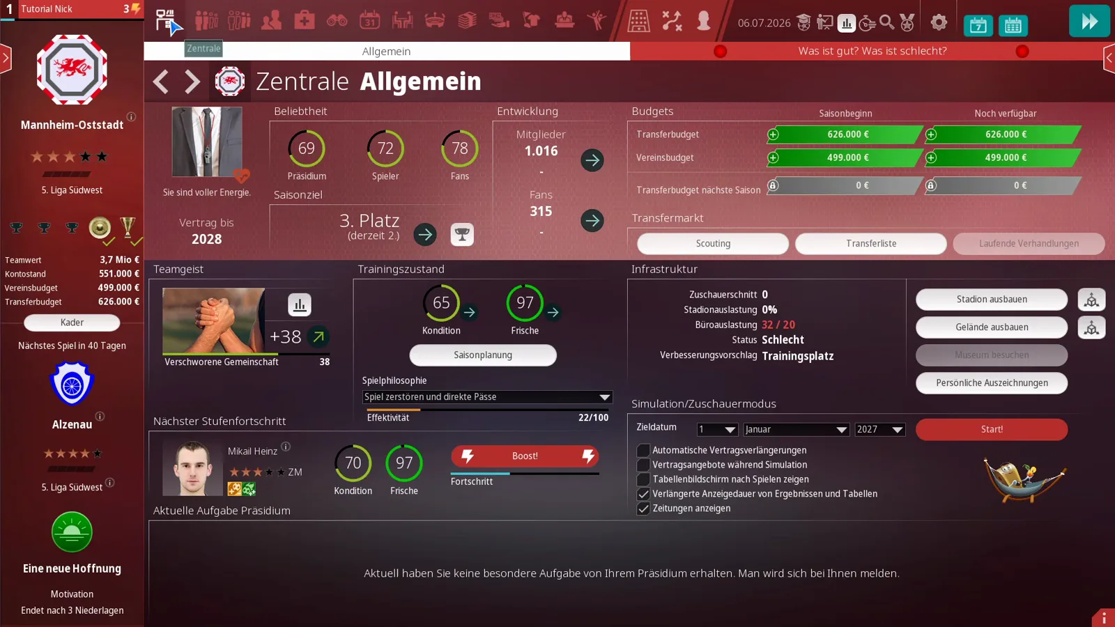 WE ARE FOOTBALL 2027 Zentrale Allgemein screen showing the full top icon bar with the Zentrale tooltip, the left club rail with team value, bank balance, club budget and transfer budget, and the Was ist gut? Was ist schlecht? tab