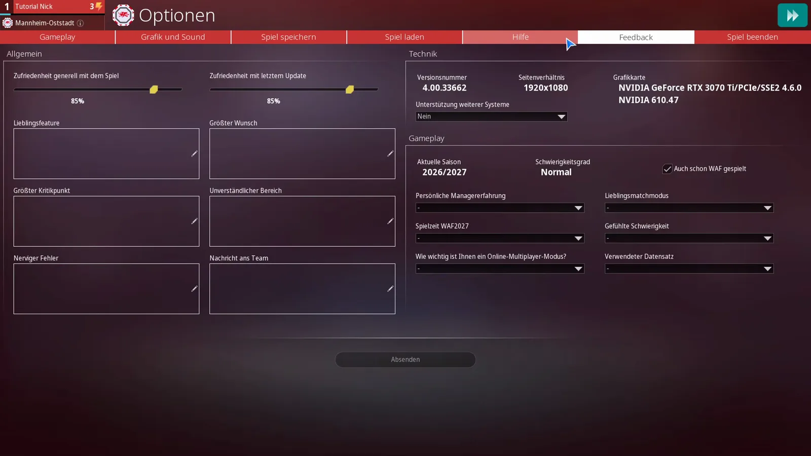 WE ARE FOOTBALL 2027 options menu with the seven tabs Gameplay, Grafik und Sound, Spiel speichern, Spiel laden, Hilfe, Feedback and Spiel beenden, the Feedback screen open and its Technik block printing version 4.00.33662 next to the satisfaction sliders