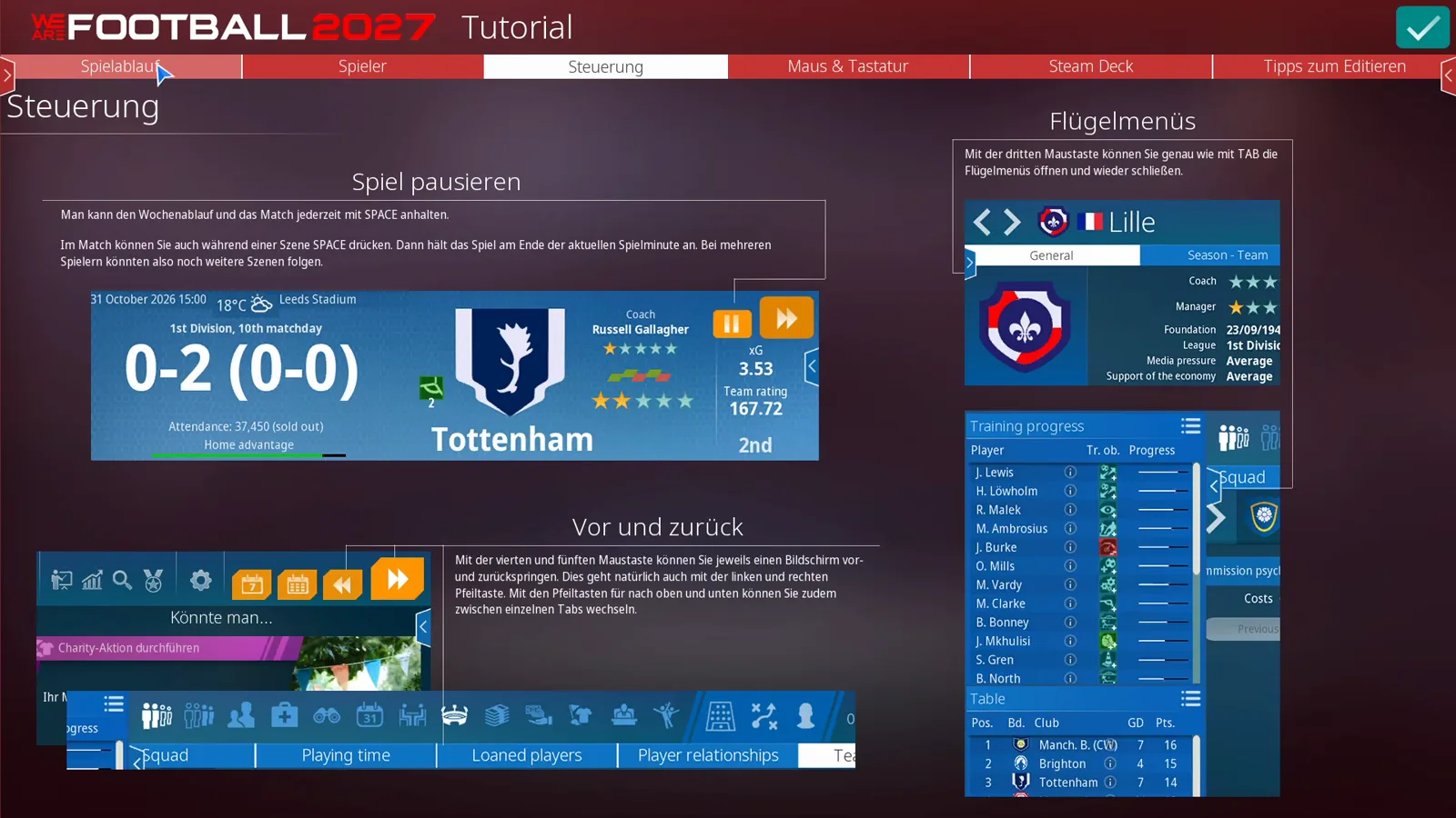 WE ARE FOOTBALL 2027 Tutorial Steuerung tab explaining the controls: pausing with SPACE, moving forward and back with the fourth and fifth mouse buttons or arrow keys, and opening the side menus with the third mouse button or TAB