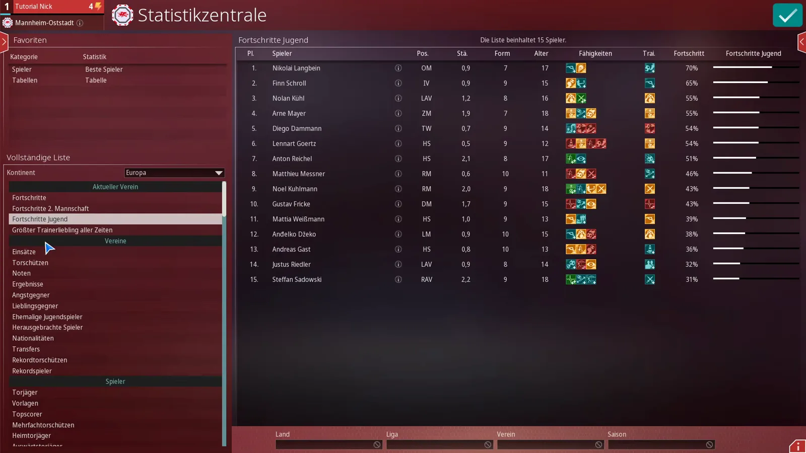 WE ARE FOOTBALL 2027 Statistikzentrale showing the Fortschritte Jugend youth progress list with fifteen players ranked by position, strength, form, age, abilities, training and a progress bar, plus filters for country, league, club and season