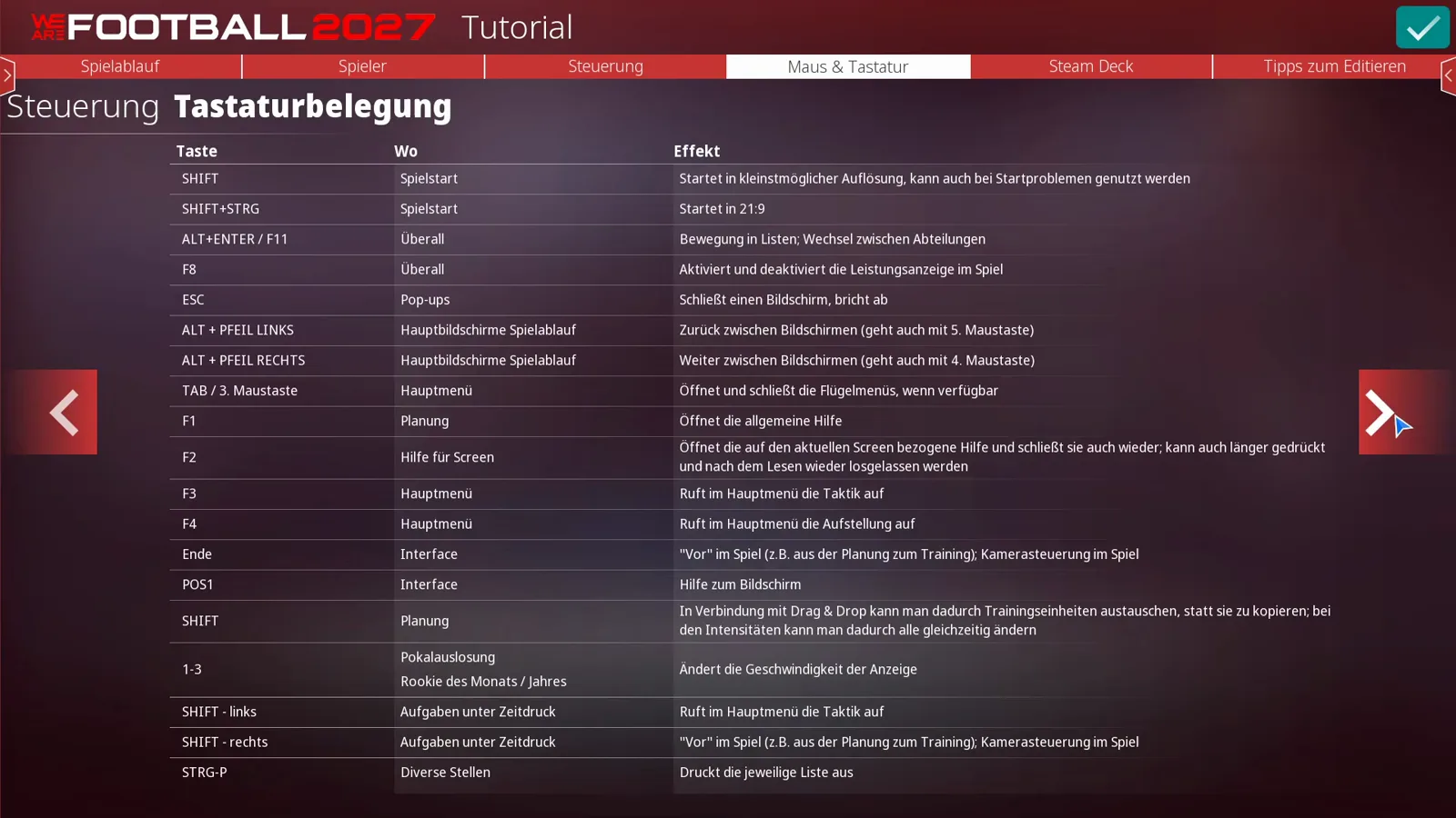 WE ARE FOOTBALL 2027 in-game Tutorial open on the Maus und Tastatur tab showing the Tastaturbelegung key table with columns for key, where it applies and effect, covering ESC, ALT arrow combinations, TAB and function keys F1 to F4