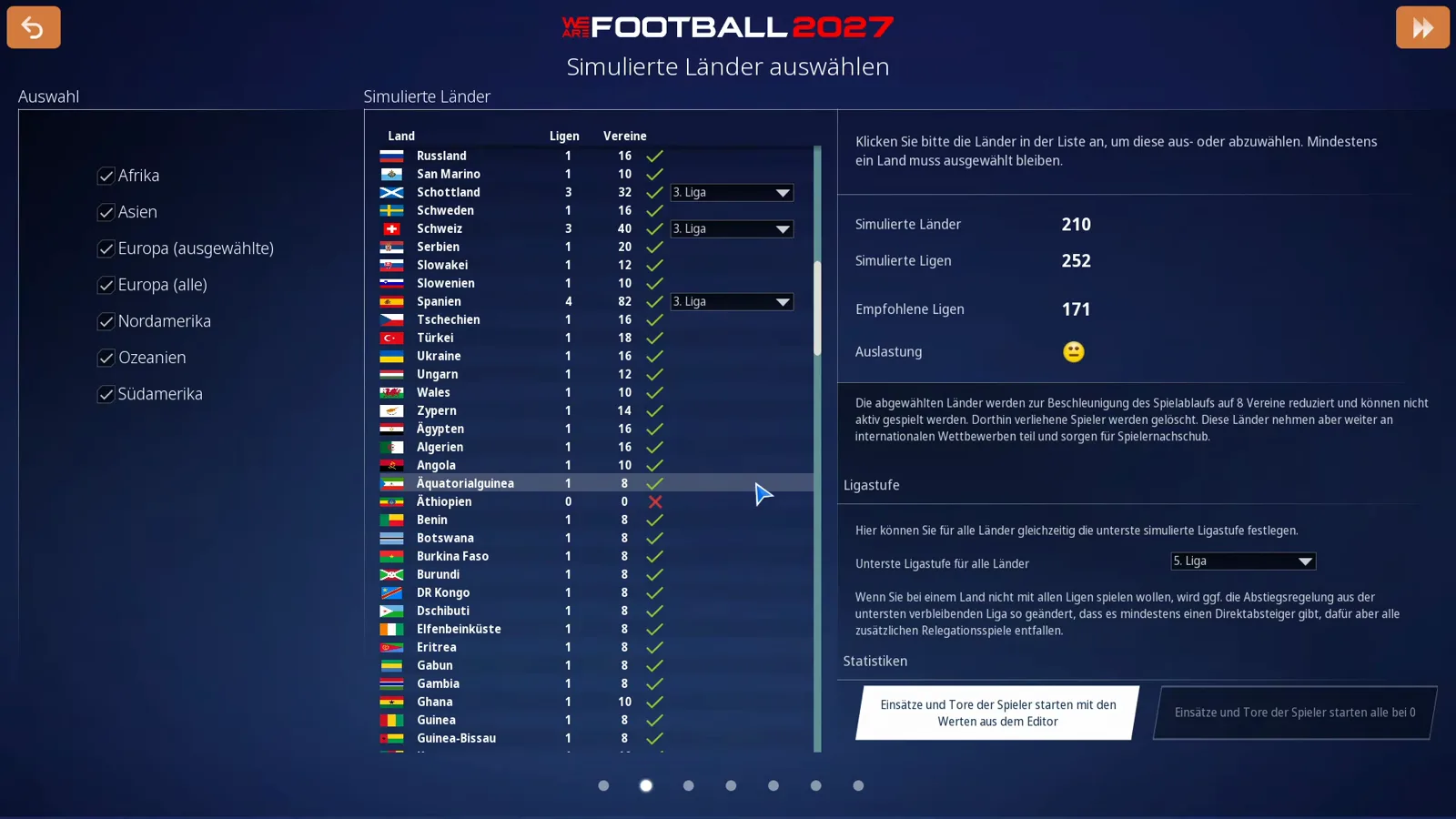 Länderliste mit abgewähltem Häkchen auf dem Bildschirm Simulierte Länder auswählen in WE ARE FOOTBALL 2027, Kennzahlenpanel mit 210 simulierten Ländern, 252 simulierten Ligen und 171 empfohlenen Ligen