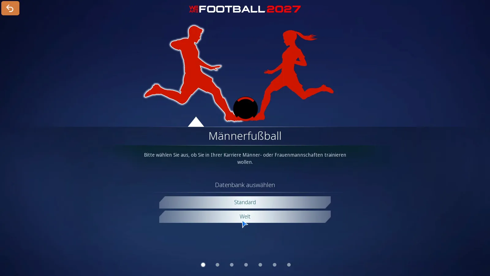 Auswahlbildschirm Datensatz auswählen in WE ARE FOOTBALL 2027 nach der Frage Männerfußball oder Frauenfußball mit den beiden Knöpfen Standard und Welt über dem roten Logo mit zwei Spielern