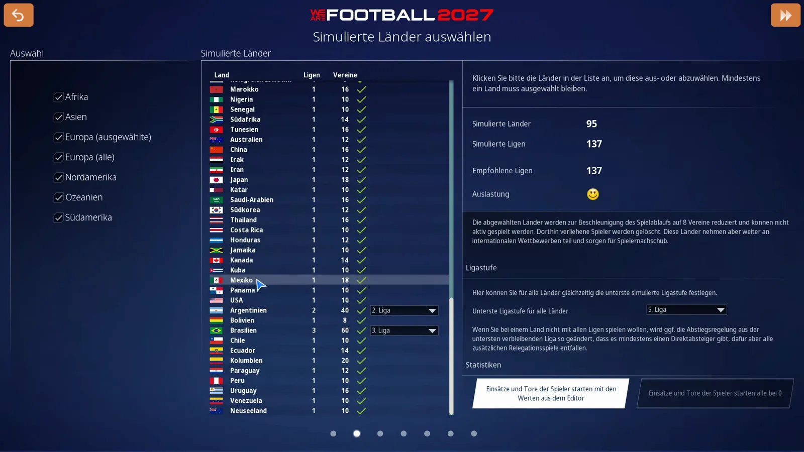Kennzahlenpanel Simulierte Länder auswählen in WE ARE FOOTBALL 2027 mit 95 simulierten Ländern, 137 simulierten Ligen und 137 erschienenen Ligen für die Standard-Datenbank, daneben die Länderliste mit Flags und Vereinszahlen bis 1.000