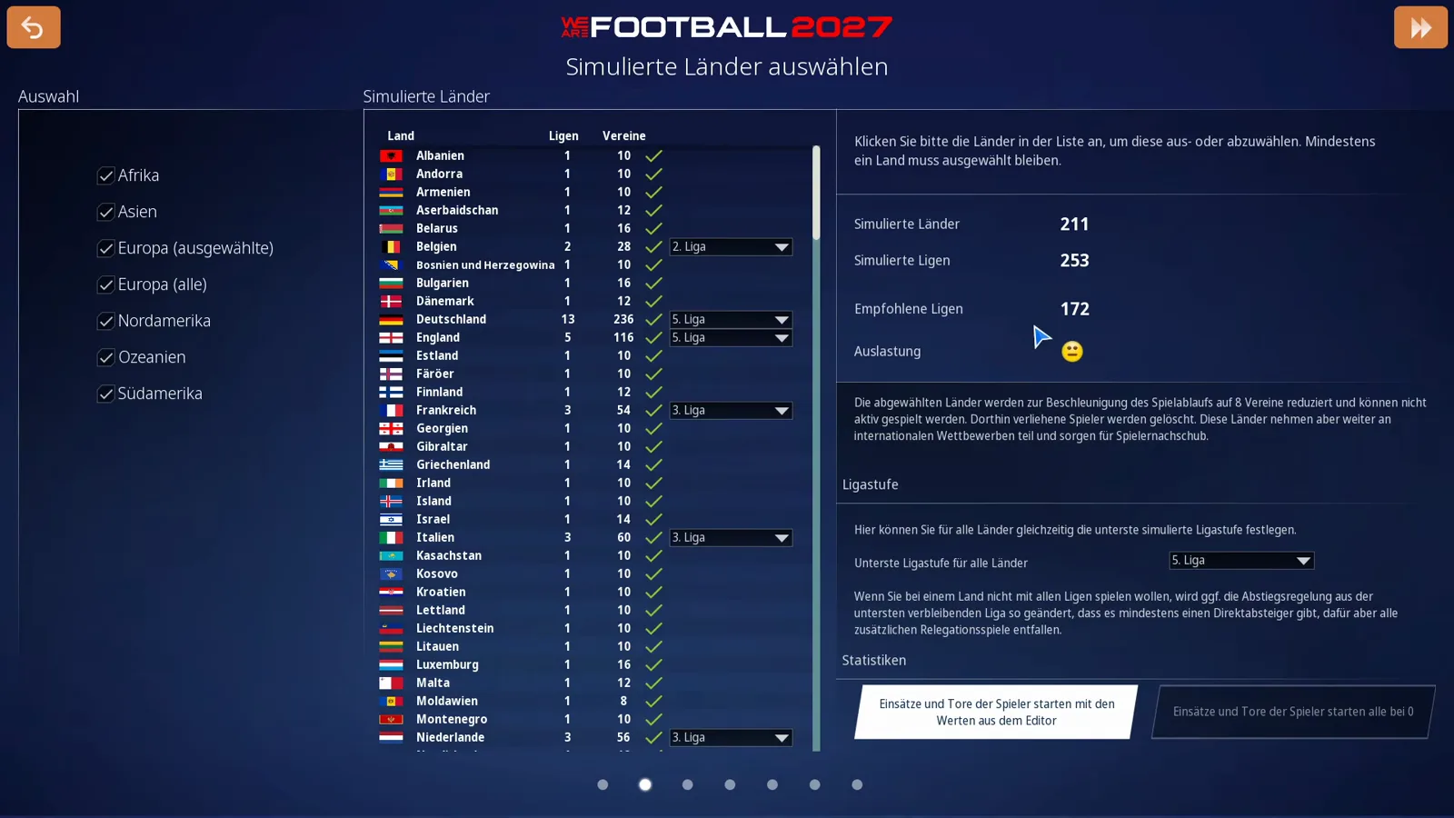 Kennzahlenpanel der Welt-Datenbank in WE ARE FOOTBALL 2027 mit 211 simulierten Ländern, 253 simulierten Ligen und 172 empfohlenen Ligen, daneben die alphabetische Länderliste mit Deutschland bei elf Ligen und 206 Vereinen
