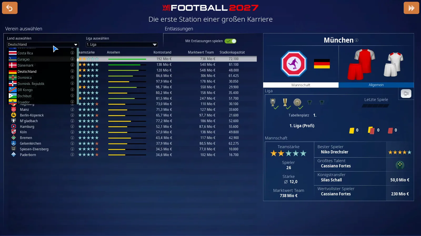 Vereinsauswahl in WE ARE FOOTBALL 2027 mit der Monterrey-Karte, 1. Liga Mexiko, 130 Mio € Kaderwert und der Tabelle mit Kontostand und Stadionkapazität