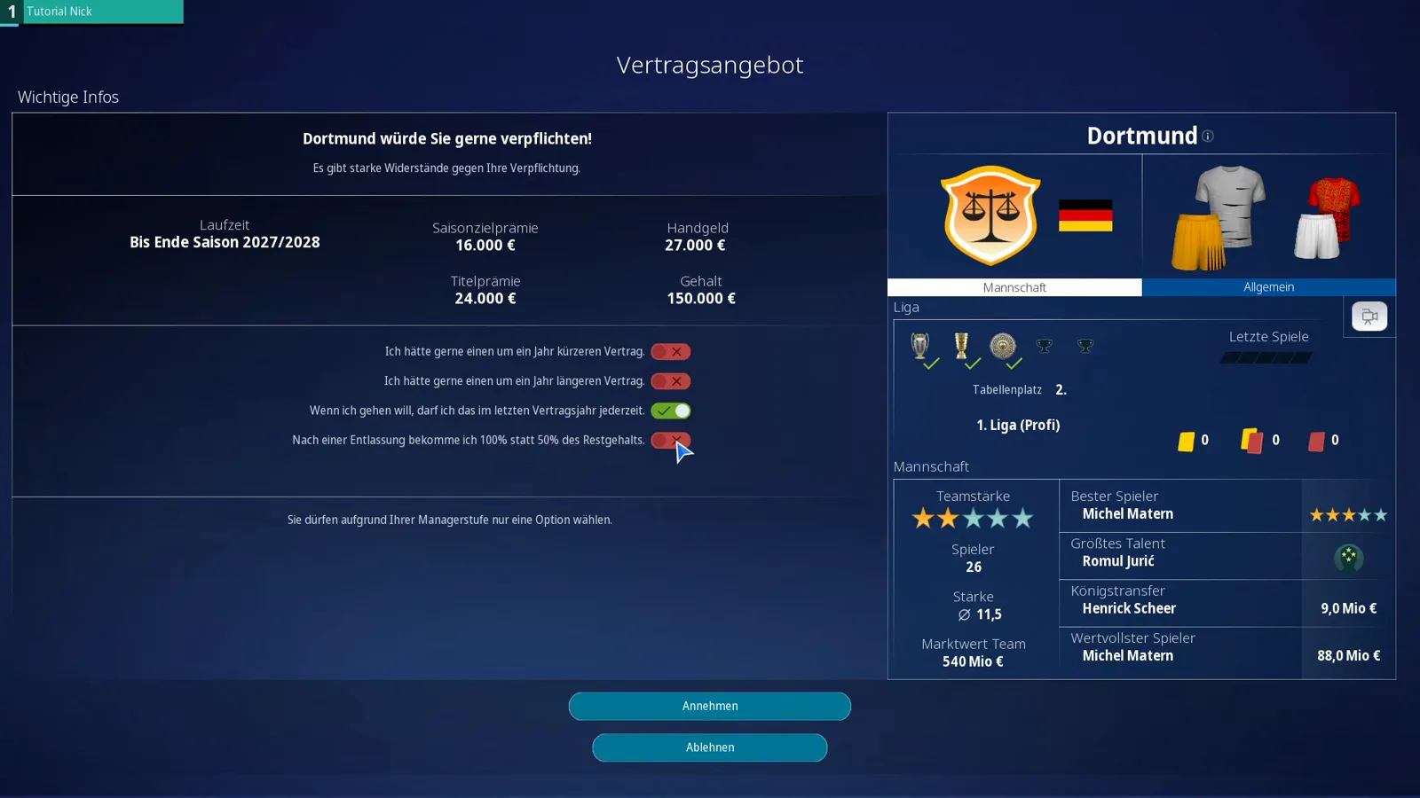 Vertragsangebot von Dortmund in WE ARE FOOTBALL 2027 mit vier Vertragsoptionen, von denen nur eine gewählt werden darf, und aktivierter Ausstiegsklausel