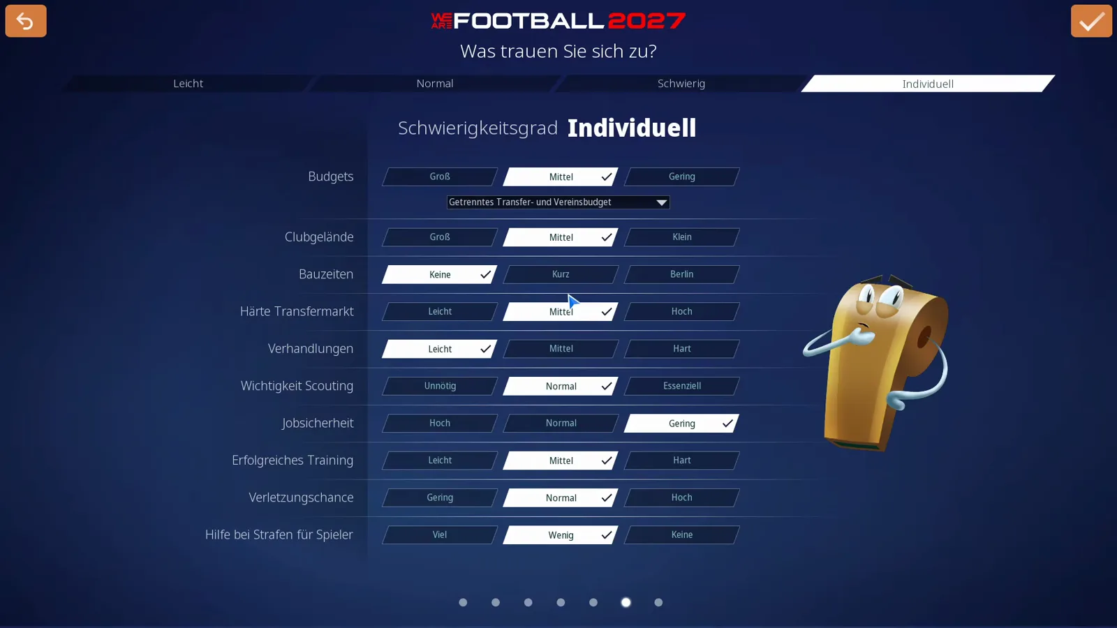 Individueller Schwierigkeitsgrad in WE ARE FOOTBALL 2027: Bauzeiten auf Keine, Verhandlungen auf Leicht, Jobsicherheit auf Gering, der Rest auf Mittel und Normal