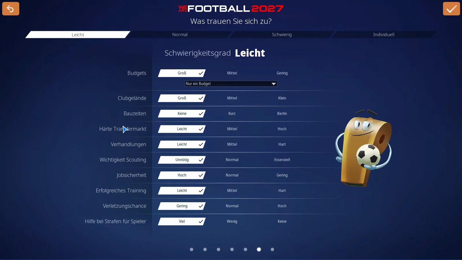 Schwierigkeitsgrad Leicht in WE ARE FOOTBALL 2027: alle zehn Zeilen von Budgets bis Hilfe bei Strafen für Spieler mit Häkchen in der linken, freundlichsten Spalte