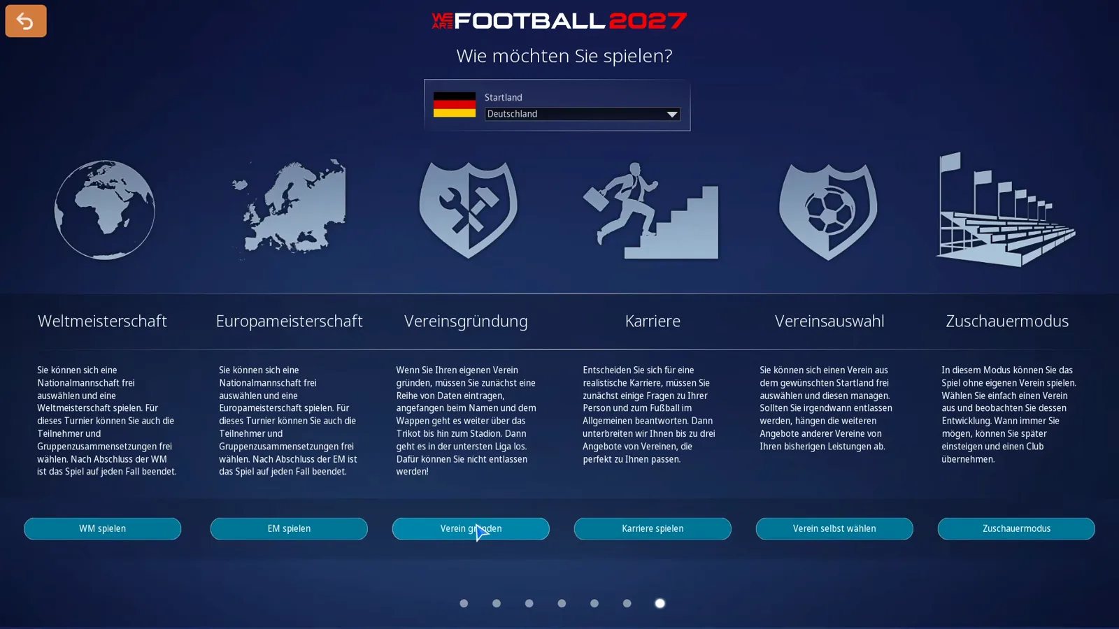Modus-Auswahl in WE ARE FOOTBALL 2027 mit sechs Kacheln von Weltmeisterschaft bis Zuschauermodus und Deutschland als Startland