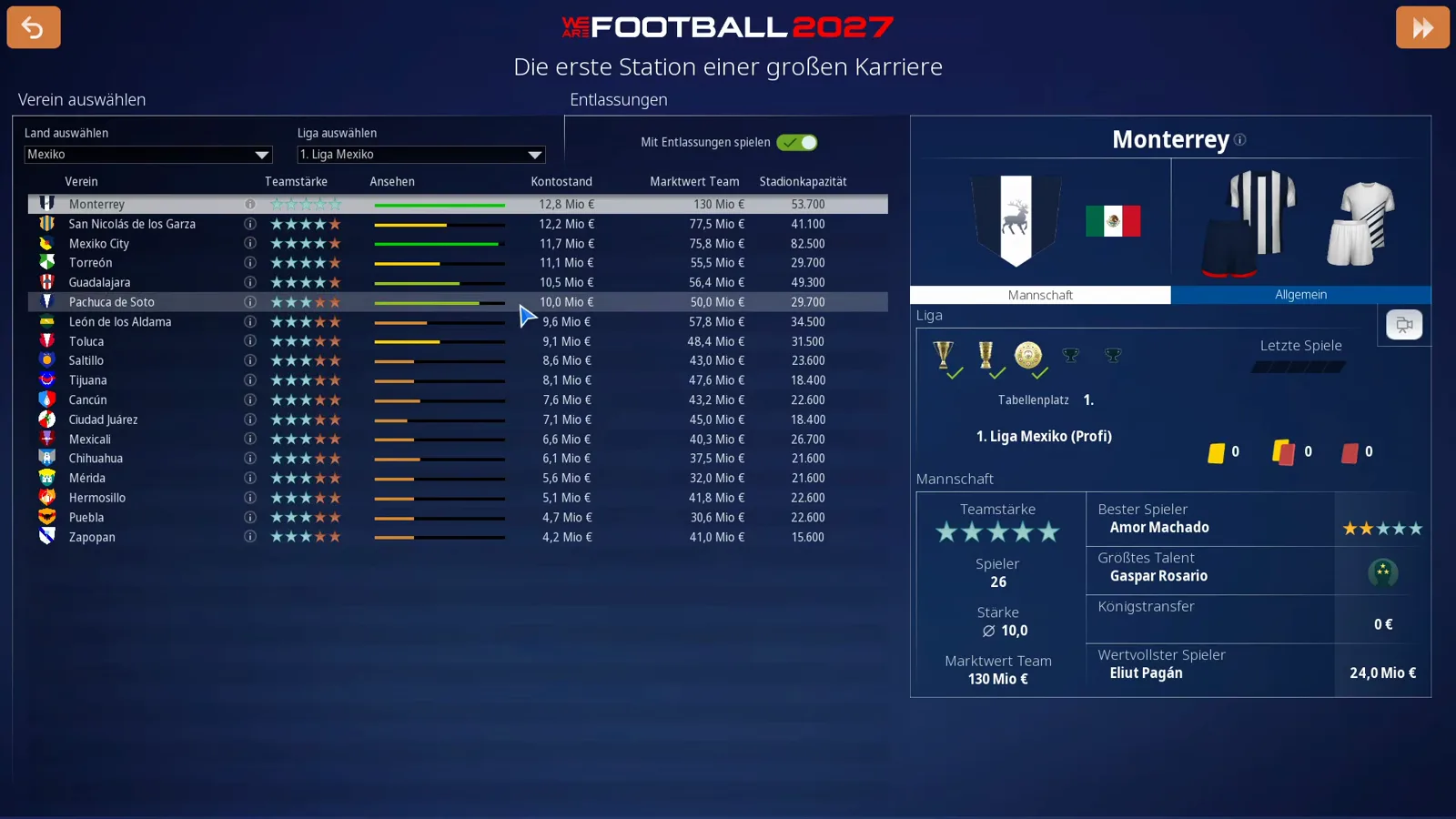 Vereinsauswahl in WE ARE FOOTBALL 2027 mit geöffnetem Länder-Dropdown über der Ligatabelle und aktiviertem Schalter Mit Entlassungen spielen