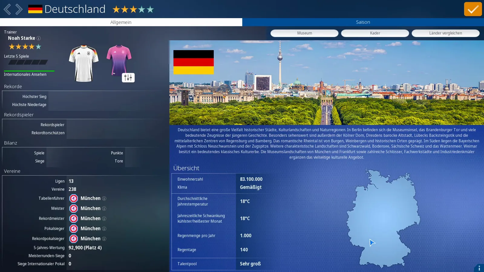 Länderprofil von Deutschland in WE ARE FOOTBALL 2027 mit 13 Ligen, 238 Vereinen und dem sehr großen Talentpool neben der Berliner Skyline