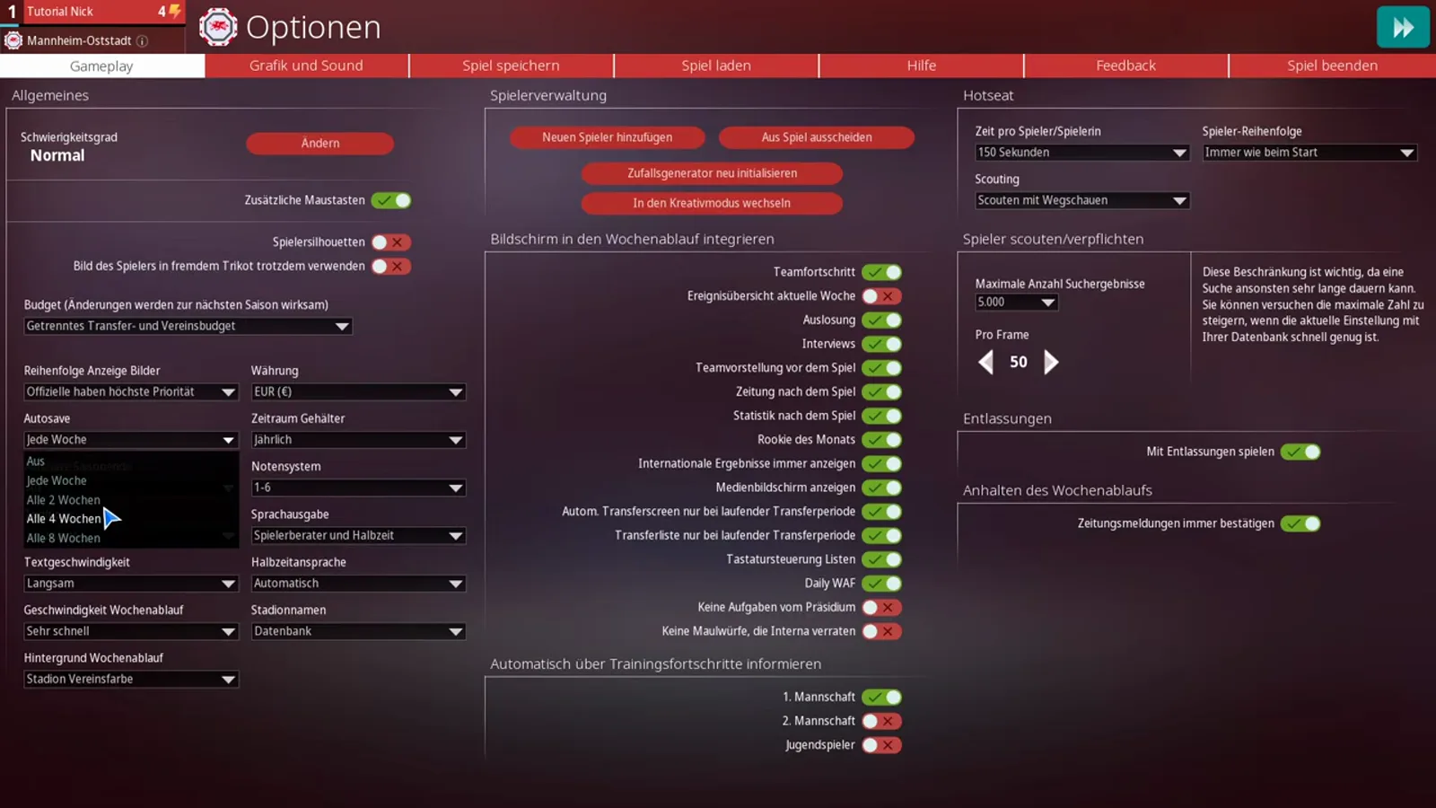 Autosave-Dropdown in WE ARE FOOTBALL 2027 geöffnet mit den fünf Optionen von Aus über Jede Woche und Alle 4 Wochen bis Alle 8 Wochen, darunter der eingeschaltete Saisonende-Schalter