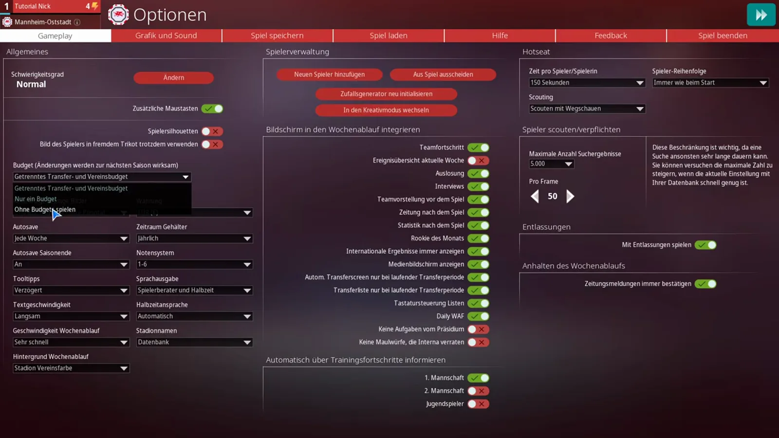 Budget-Dropdown in WE ARE FOOTBALL 2027 geöffnet unter der Zeile Budget, Änderungen werden zur nächsten Saison wirksam, mit Getrenntes Transfer- und Vereinsbudget, Nur ein Budget und Ohne Budget spielen