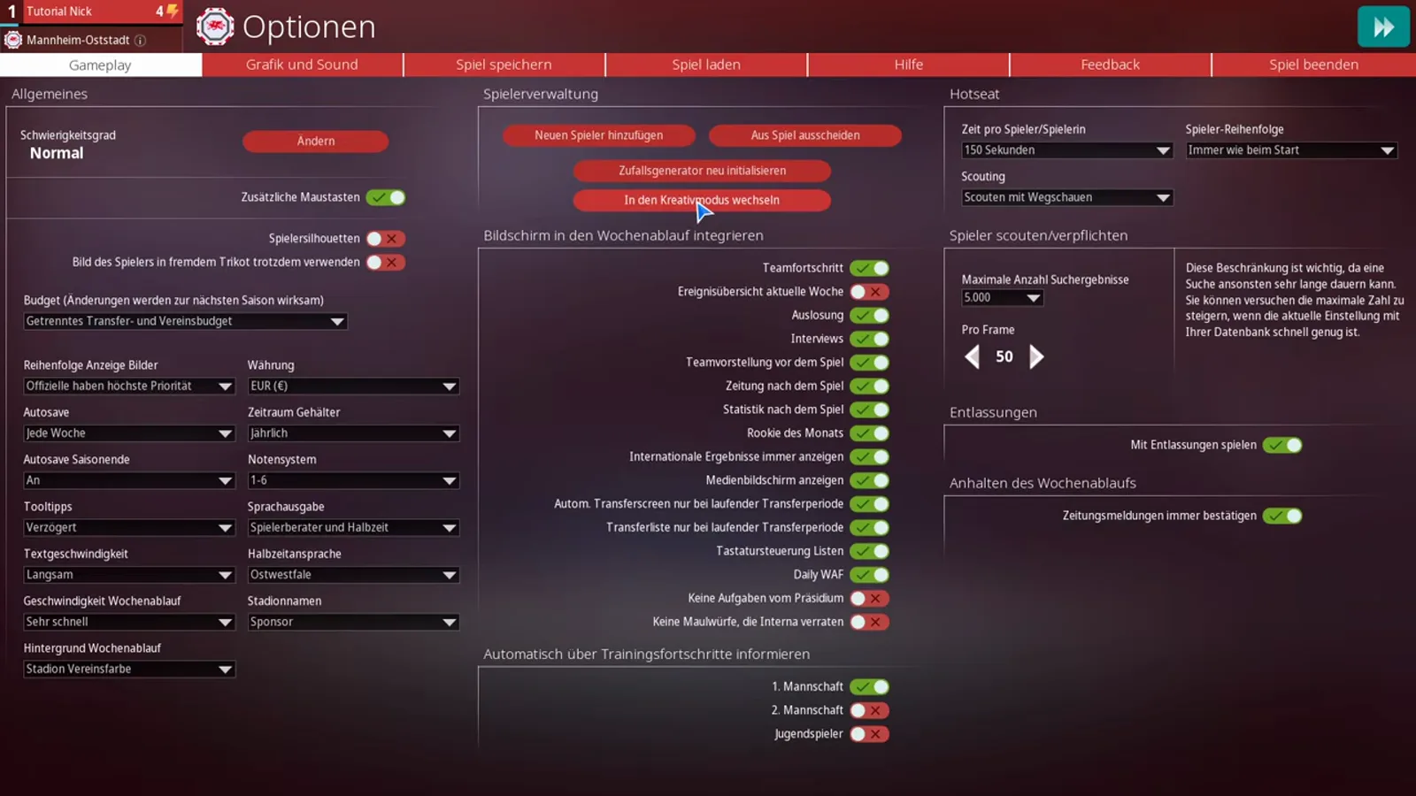 Optionsbildschirm von WE ARE FOOTBALL 2027 im Reiter Gameplay mit der Zeile Schwierigkeitsgrad und dem Button Ändern, den Spielerverwaltung-Buttons und dem Hotseat-Block bei 150 Sekunden