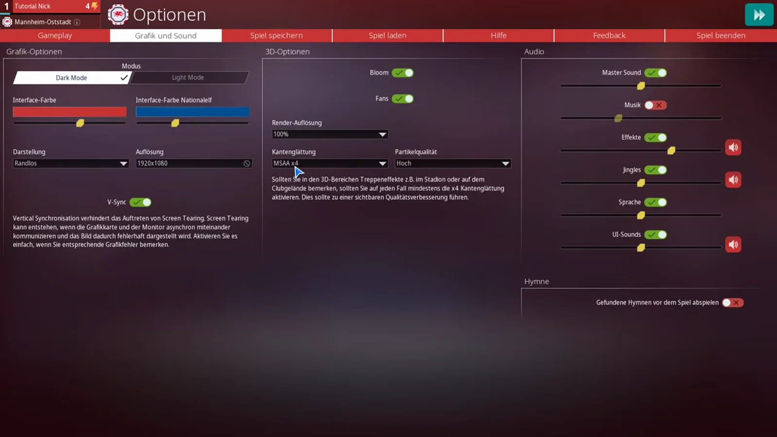 Reiter Grafik und Sound in WE ARE FOOTBALL 2027 mit dem Schalter Dark Mode und Light Mode, der Einstellung Randlos, dem Dropdown MSAA x4 und den Sound-Reglern mit stummgeschalteter Musik