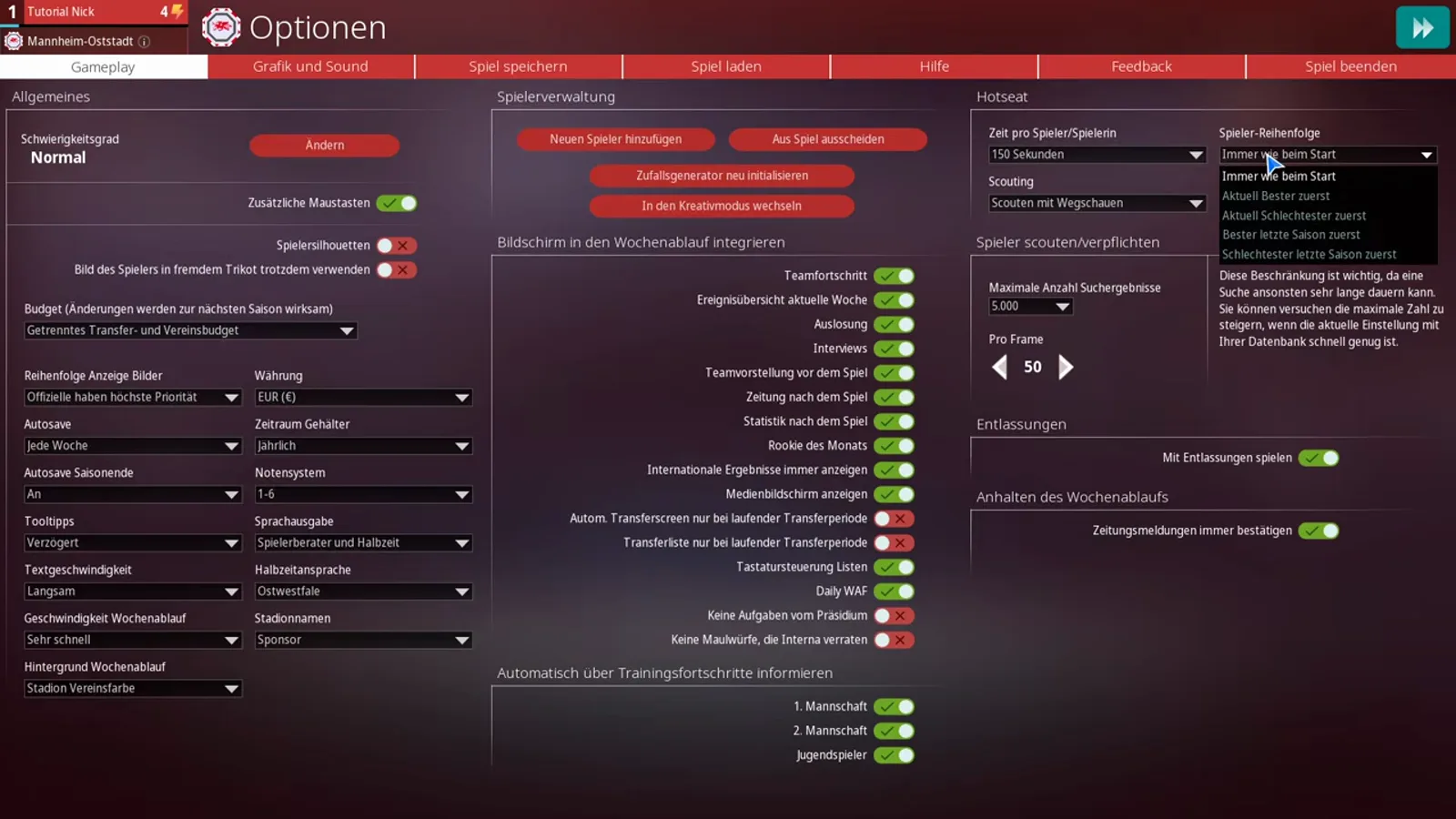 Dropdown Spieler-Reihenfolge in WE ARE FOOTBALL 2027 geöffnet mit seinen fünf Werten von Immer wie beim Start über Aktuell Bester zuerst bis Schlechtester letzte Saison zuerst