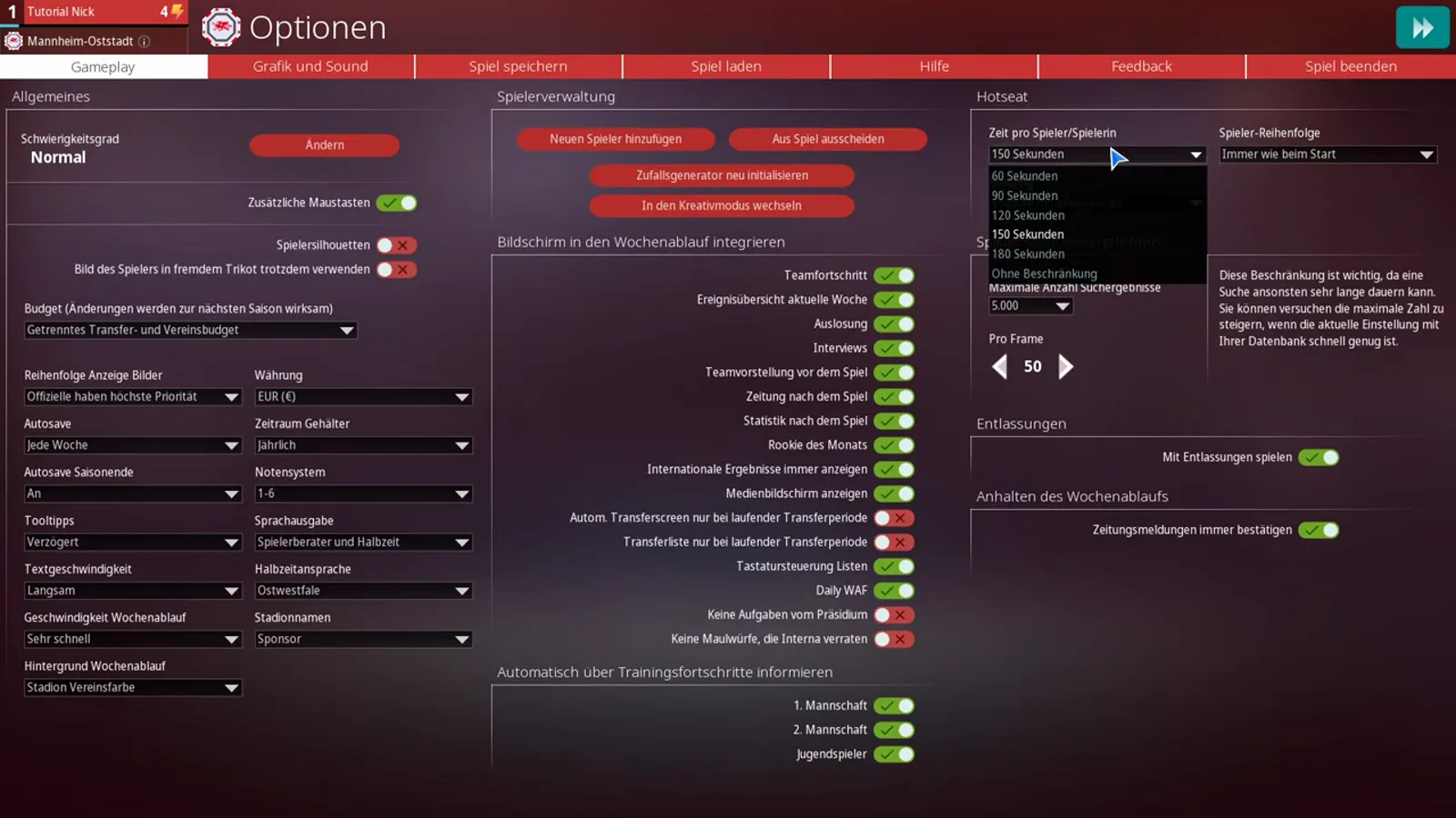 Hotseat-Einstellungen in WE ARE FOOTBALL 2027 mit geöffnetem Dropdown Zeit pro Spieler/Spielerin und den Werten 60, 90, 120, 150 und 180 Sekunden sowie Ohne Beschränkung