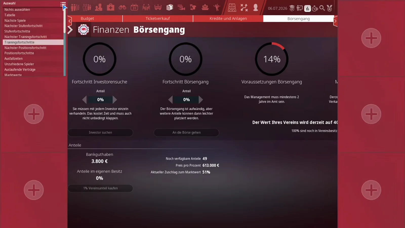 Schnellfenster von WE ARE FOOTBALL 2027 per mittlerer Maustaste geöffnet über dem Bildschirm Finanzen Börsengang, mit der kompakten Liste der aufrufbaren Bildschirme