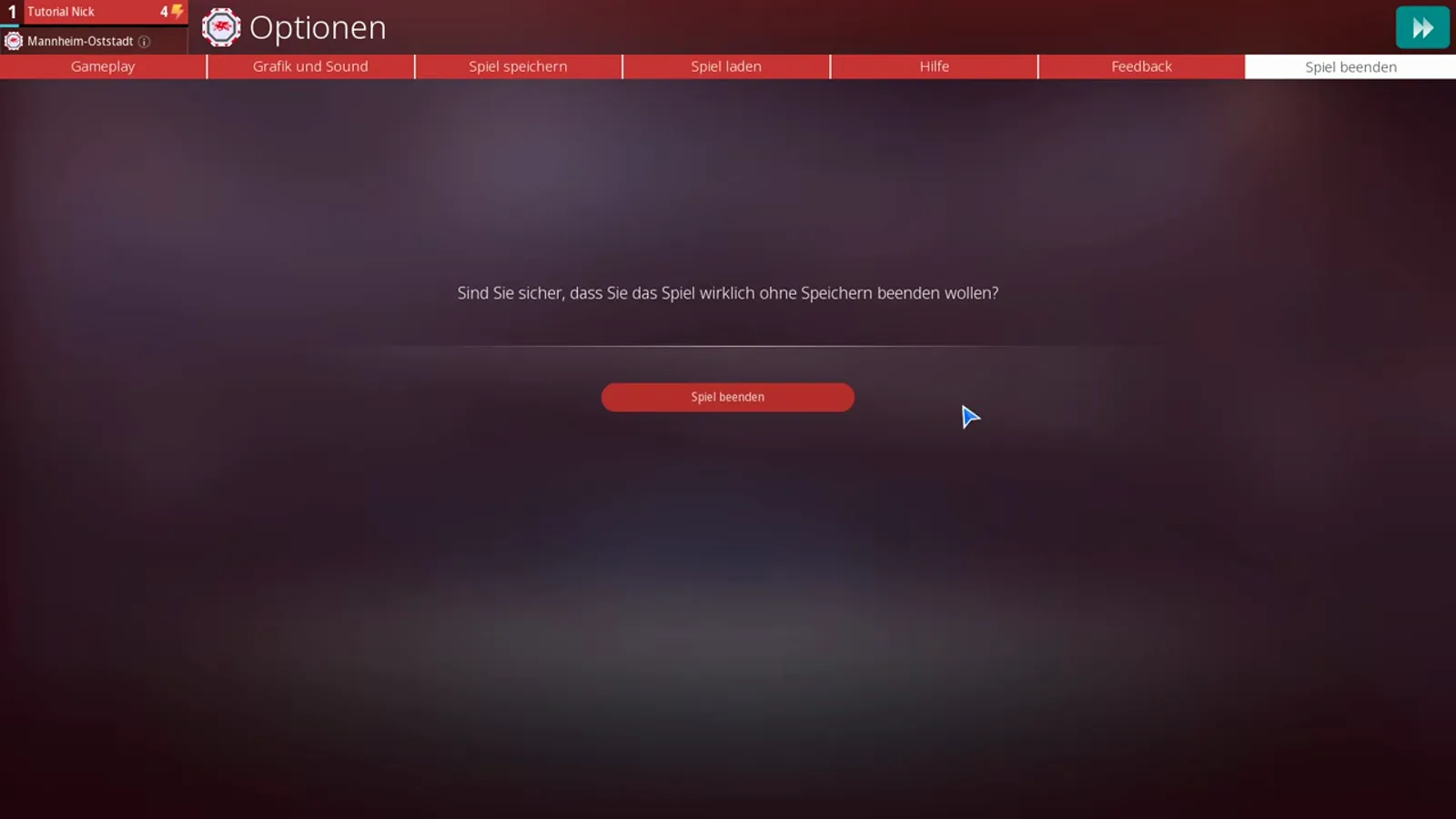 Abfrage beim Beenden von WE ARE FOOTBALL 2027 mit dem Text Sind Sie sicher, dass Sie das Spiel wirklich ohne Speichern beenden wollen? über dem roten Button Spiel beenden