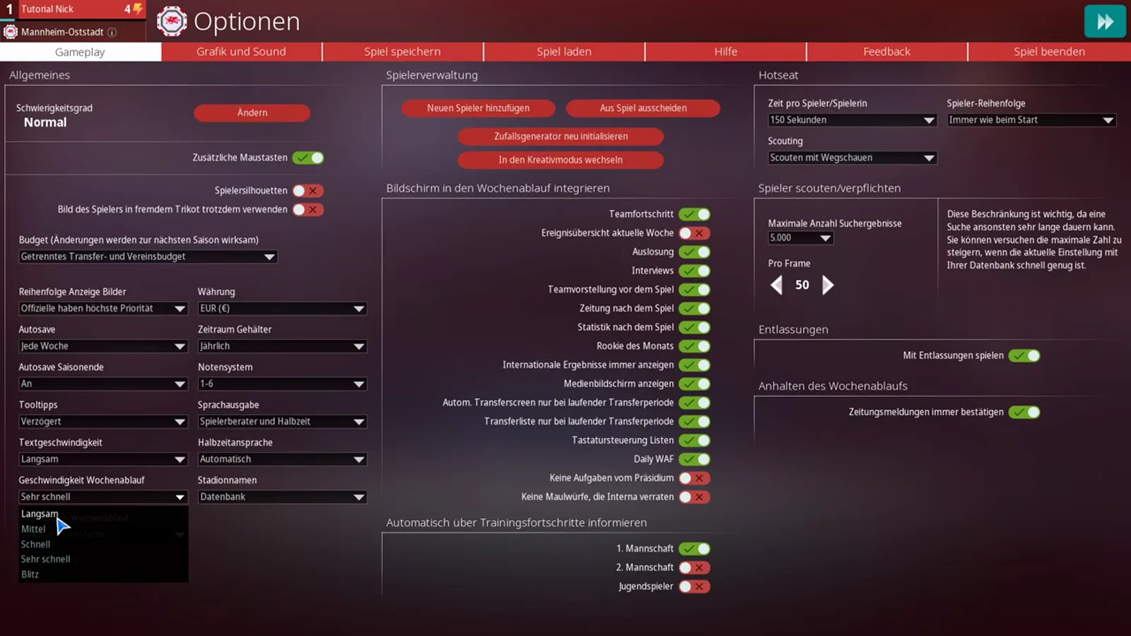 Dropdown Geschwindigkeit Wochenablauf in WE ARE FOOTBALL 2027 geöffnet mit den fünf Werten Langsam, Mittel, Schnell, Sehr schnell und Blitz, während Textgeschwindigkeit auf Langsam steht