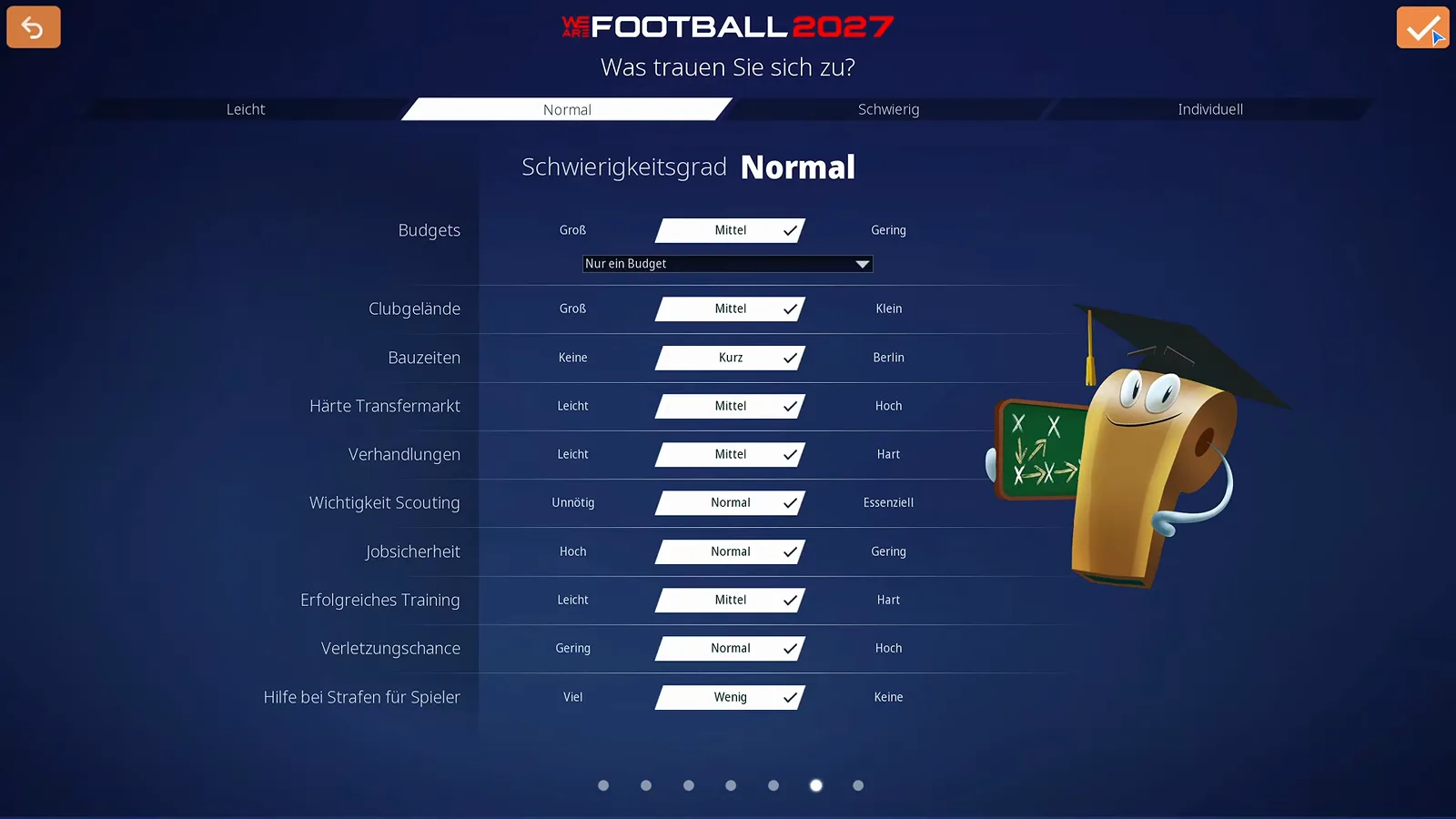 Bildschirm „Was trauen Sie sich zu?“ in WE ARE FOOTBALL 2027 mit dem Schwierigkeitsgrad Normal und den Reihen für Budgets, Clubgelände, Bauzeiten und Jobsicherheit