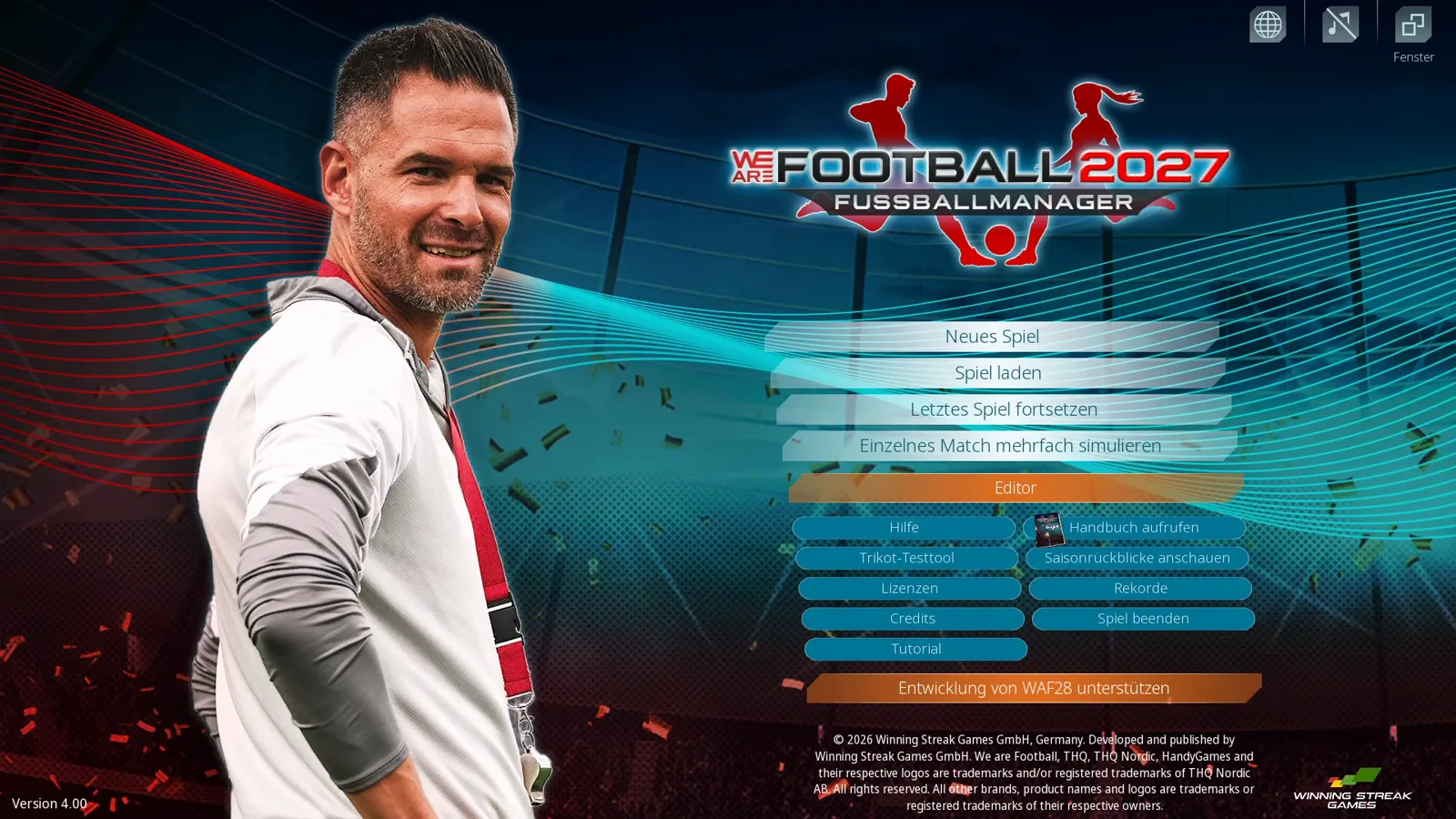 Hauptmenü von WE ARE FOOTBALL 2027 beim ersten Start mit Neues Spiel, Spiel laden und den drei kleinen Symbolen für Sprachauswahl, Stummschaltung und Fenstermodus oben rechts