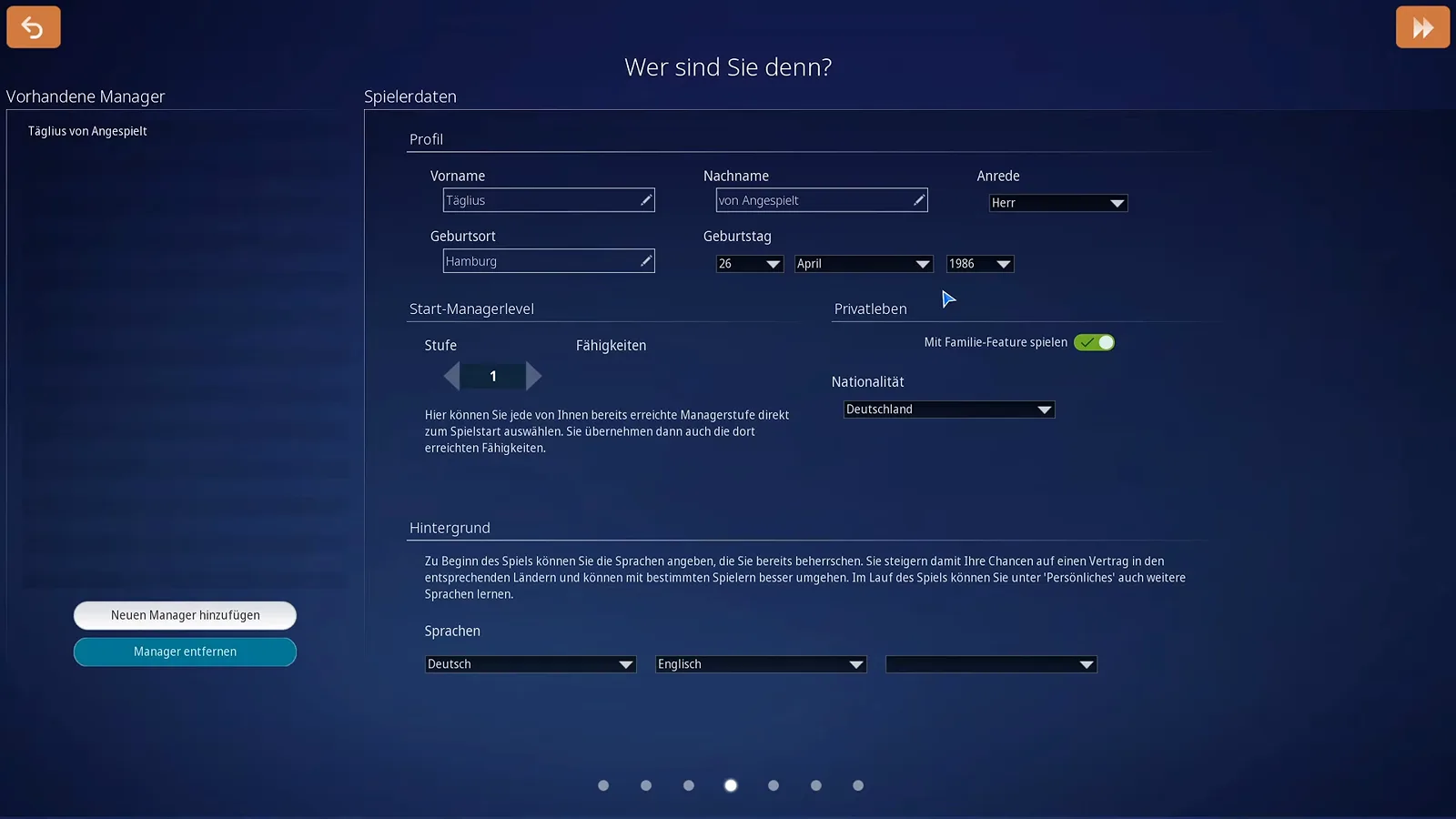 Manager-Erstellung „Wer sind Sie denn?“ in WE ARE FOOTBALL 2027 mit Profildaten, Start-Managerlevel, dem Familie-Feature und den Sprachangaben Deutsch und Englisch