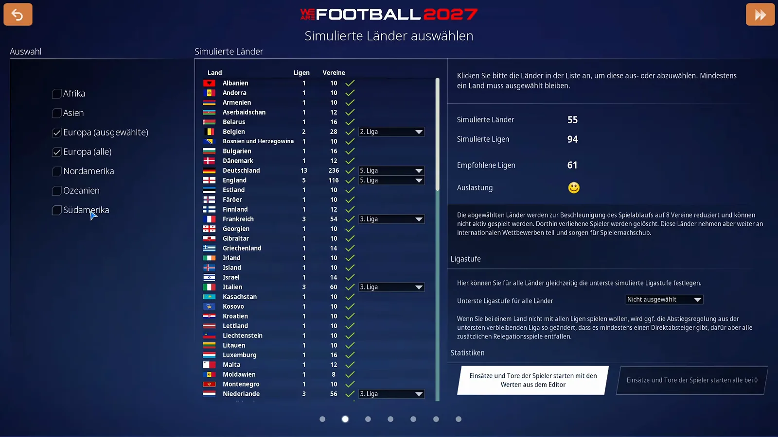 Auswahlbildschirm Simulierte Länder auswählen in WE ARE FOOTBALL 2027 mit 55 simulierten Ländern, 94 simulierten Ligen und dem Dropdown zur untersten Ligastufe je Land