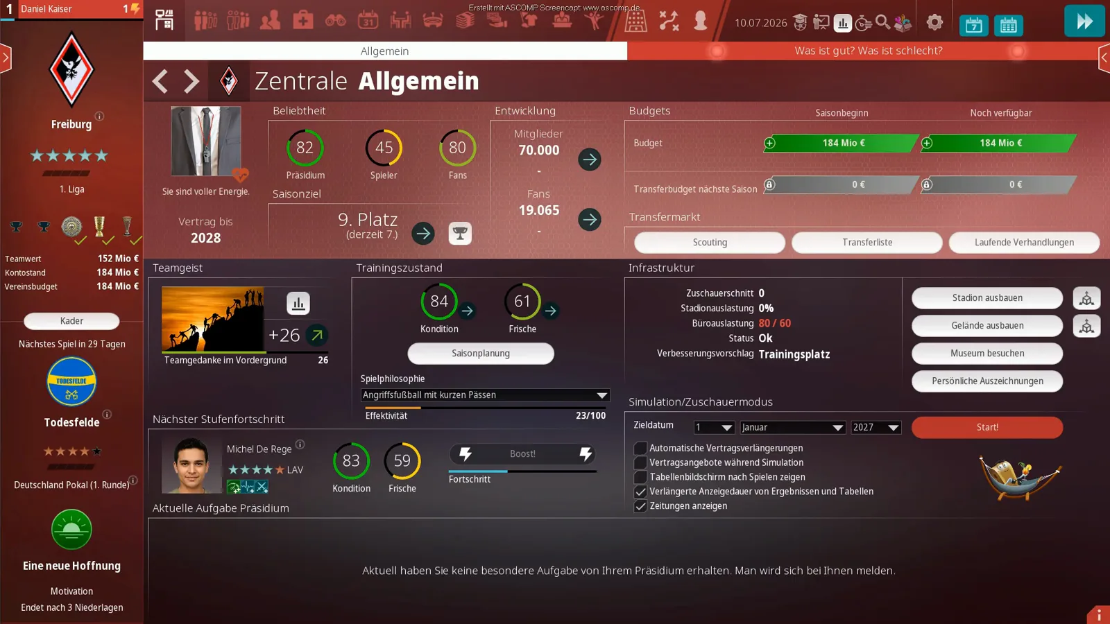 Freiburger Zentrale in WE ARE FOOTBALL 2027 ohne Budgets, mit einer einzigen Budget-Zeile über 184 Millionen Euro nach einem 100-Millionen-Geschenk, während Transferbudget nächste Saison mit 0 € grau hinterlegt bleibt