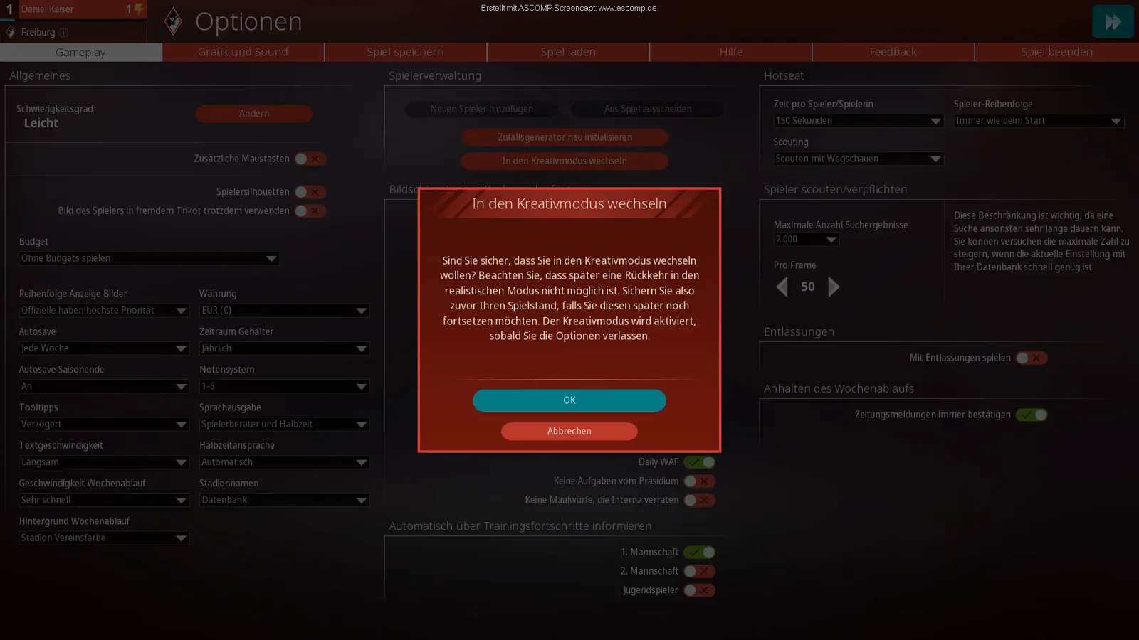 Optionsbildschirm eines Freiburg-Spielstands, im Gameplay-Reiter steht das Budget auf Ohne Budgets spielen, während darüber der Bestätigungsdialog für den Wechsel in den Kreativmodus offen ist