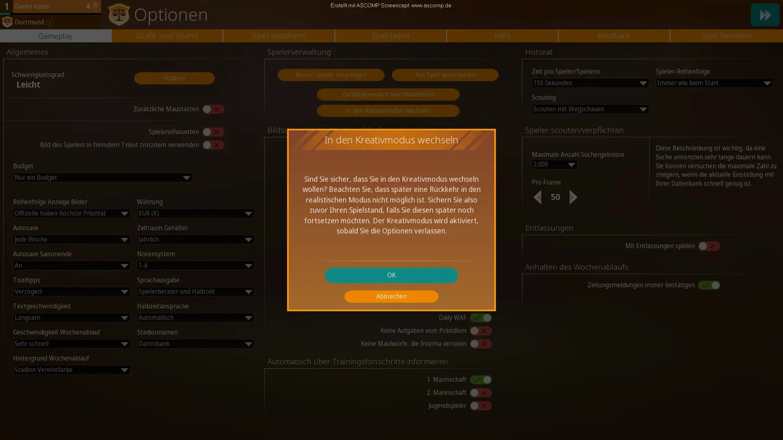 Optionsmenü von WE ARE FOOTBALL 2027 mit dem Knopf In den Kreativmodus wechseln im Block Spielerverwaltung und dem Bestätigungsdialog, der warnt, dass eine Rückkehr in den realistischen Modus später nicht mehr möglich ist