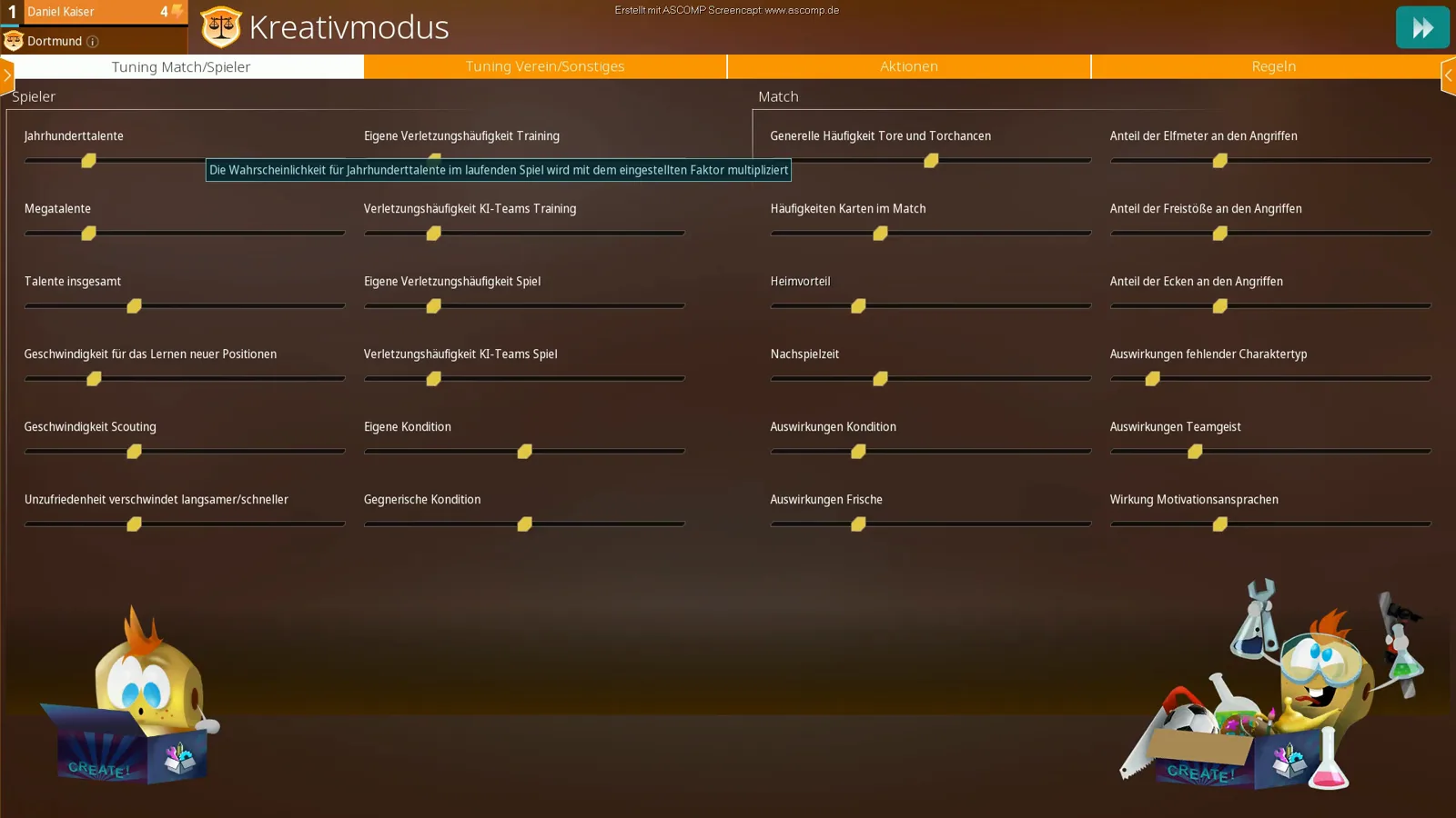 Kreativmodus-Tafel von WE ARE FOOTBALL 2027 auf dem Reiter Tuning Match/Spieler mit geöffnetem Jahrhunderttalente-Tooltip, der die Wahrscheinlichkeit im laufenden Spiel mit dem eingestellten Faktor multipliziert, neben Reglern für Verletzungen, Kondition, Torhäufigkeit und Heimvorteil