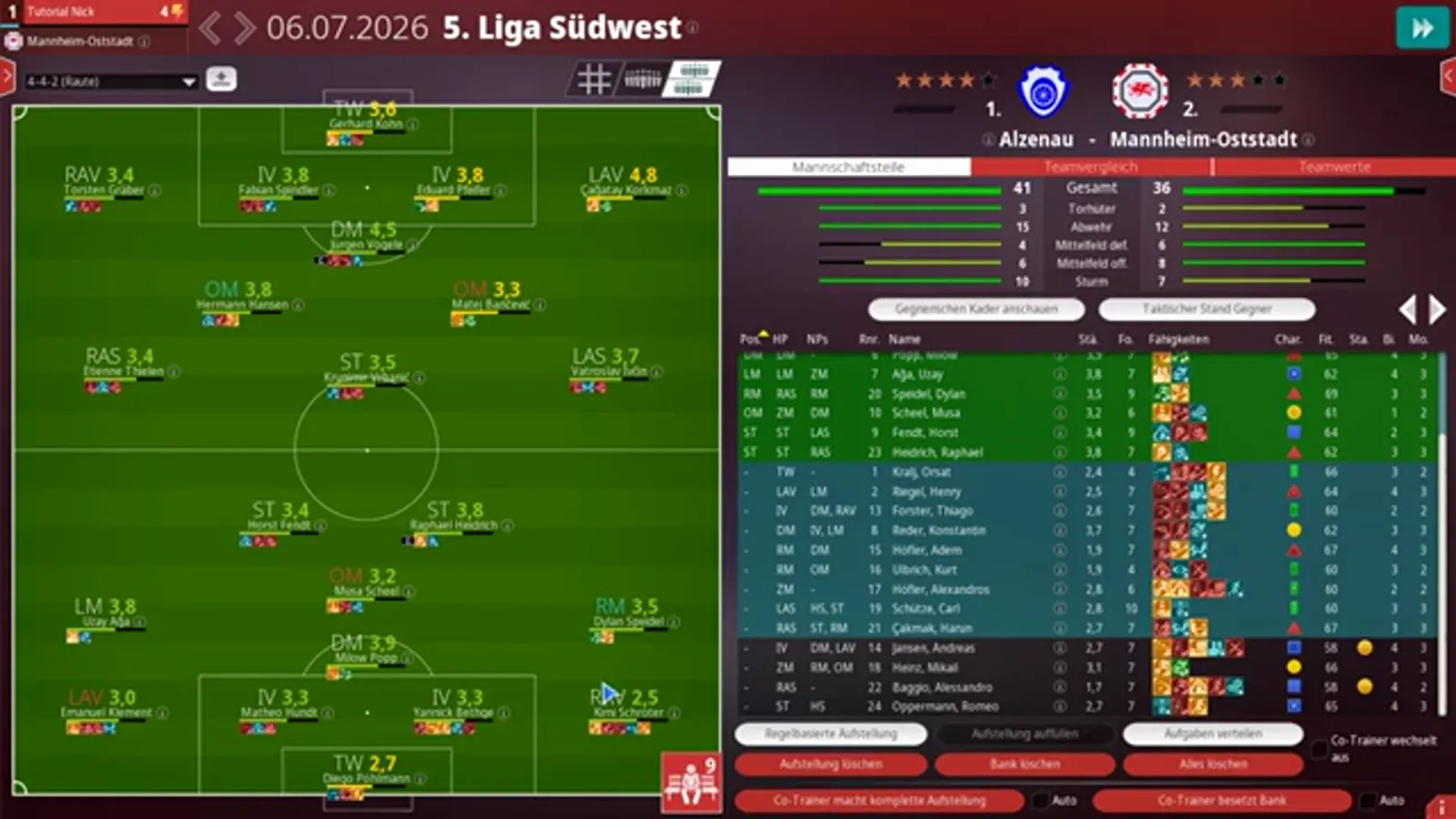 The WE ARE FOOTBALL 2027 lineup screen with a 4-4-2 (Raute) applied on the pitch and the opponent comparison panel reading 41 to 36 above the squad list