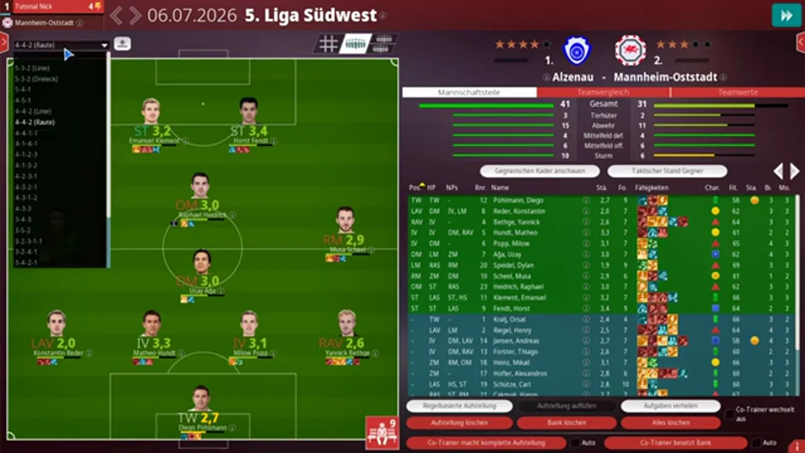 Opening the formation dropdown on the WE ARE FOOTBALL 2027 lineup screen reveals presets from 3-5-2 and 5-4-1 to 4-4-2 (Raute)